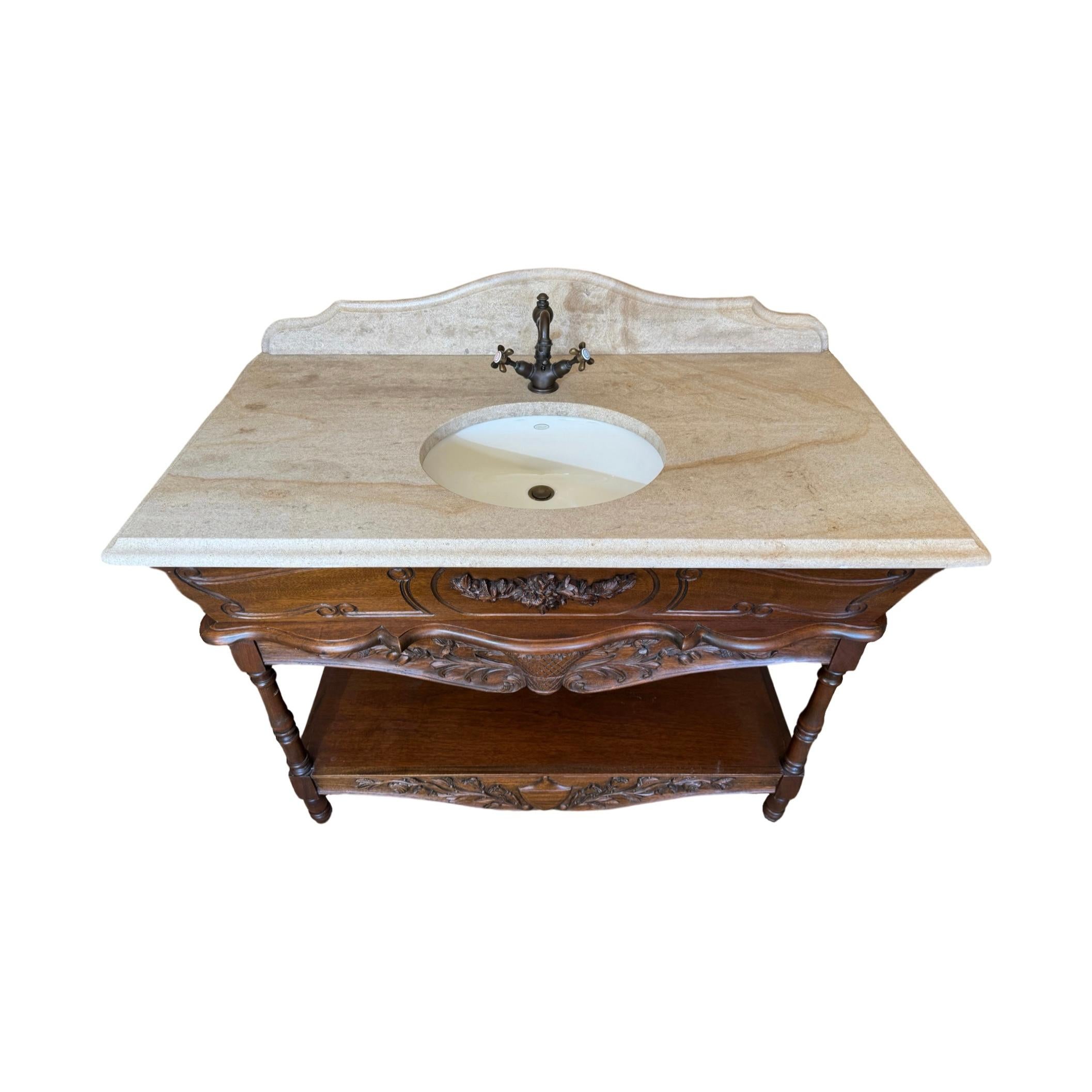 18th Century French Walnut Wood and Travertine Stone Sink For Sale