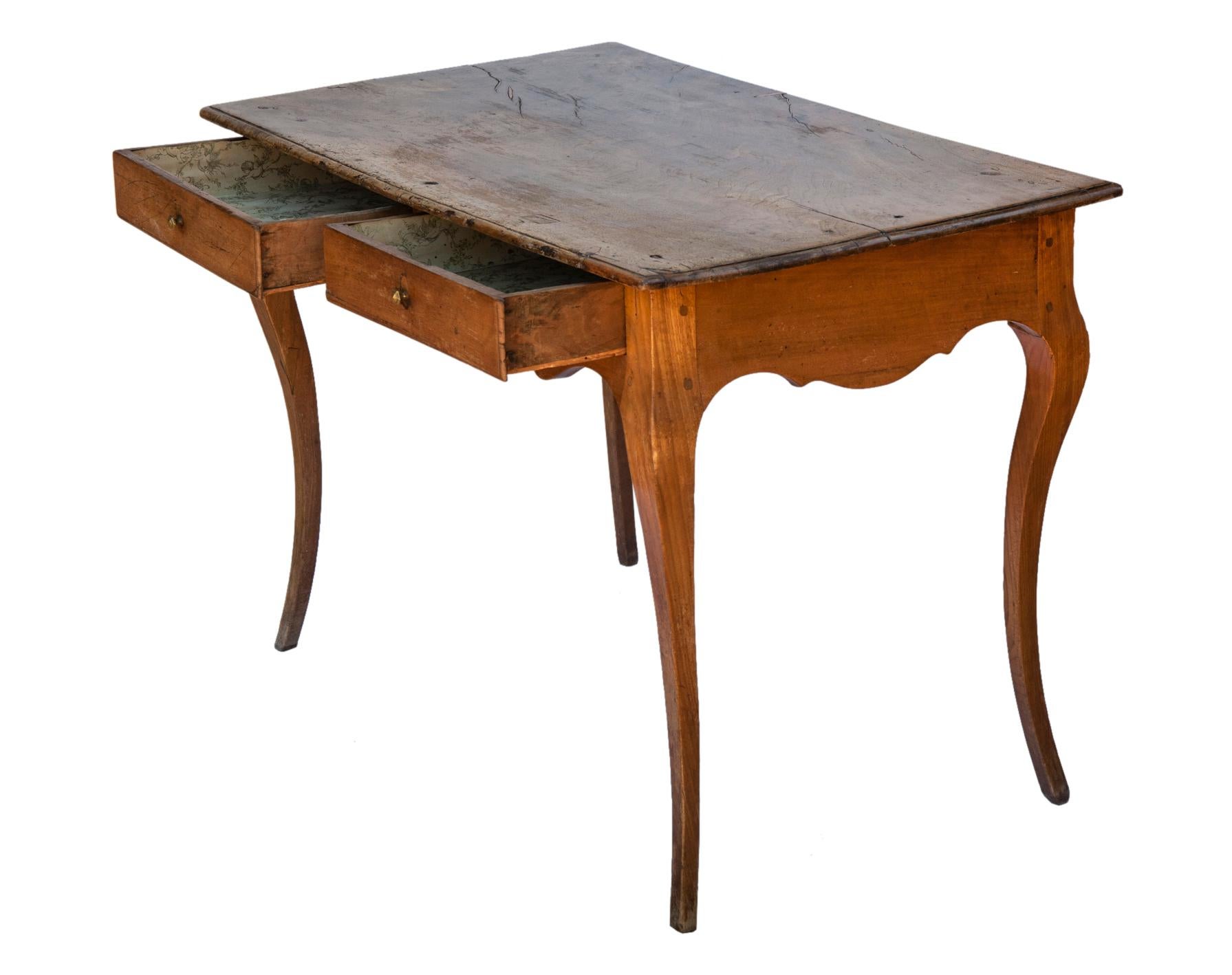 Hand-Crafted French Walnut Writing Table / 2 Drawers