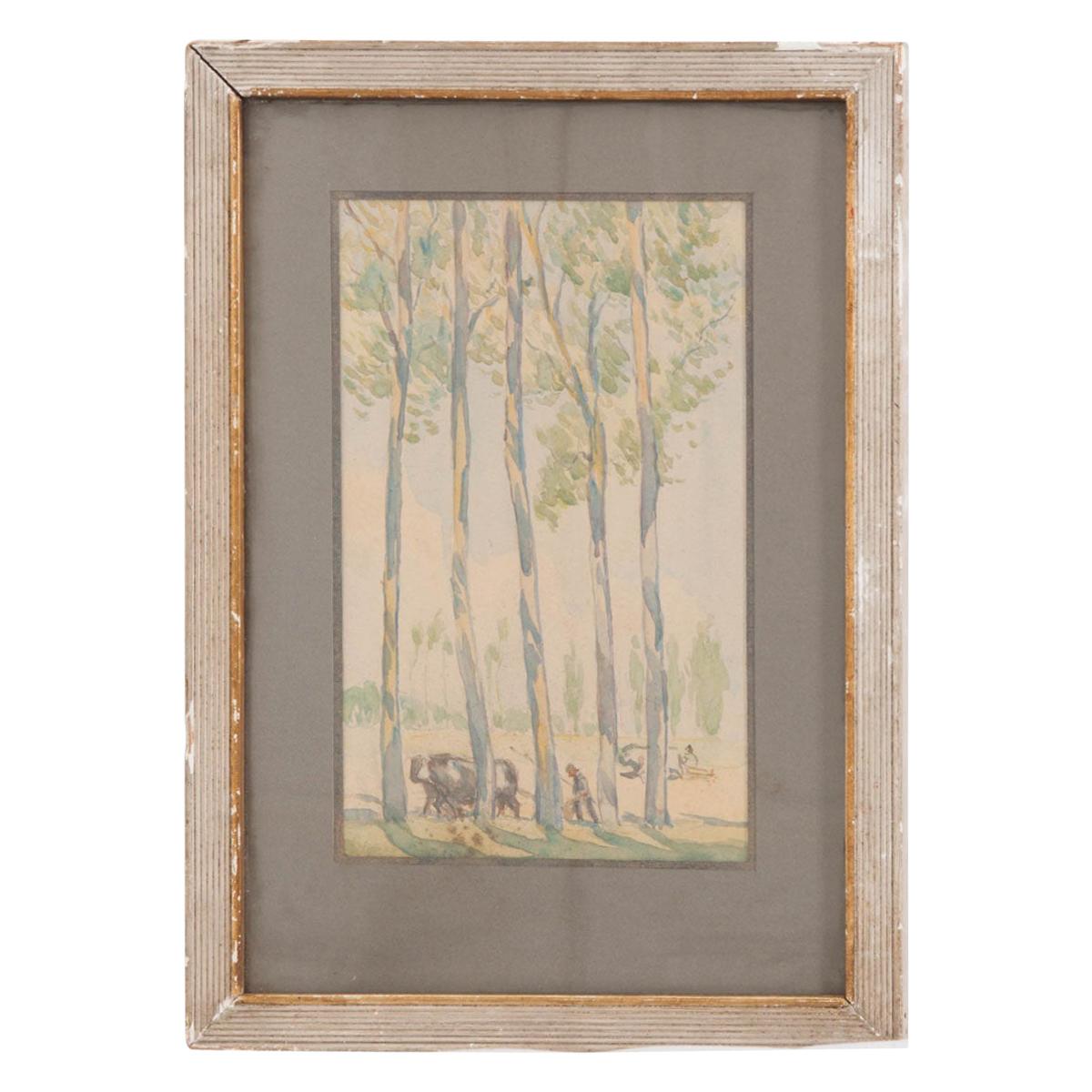French Watercolor of Pastoral Scene