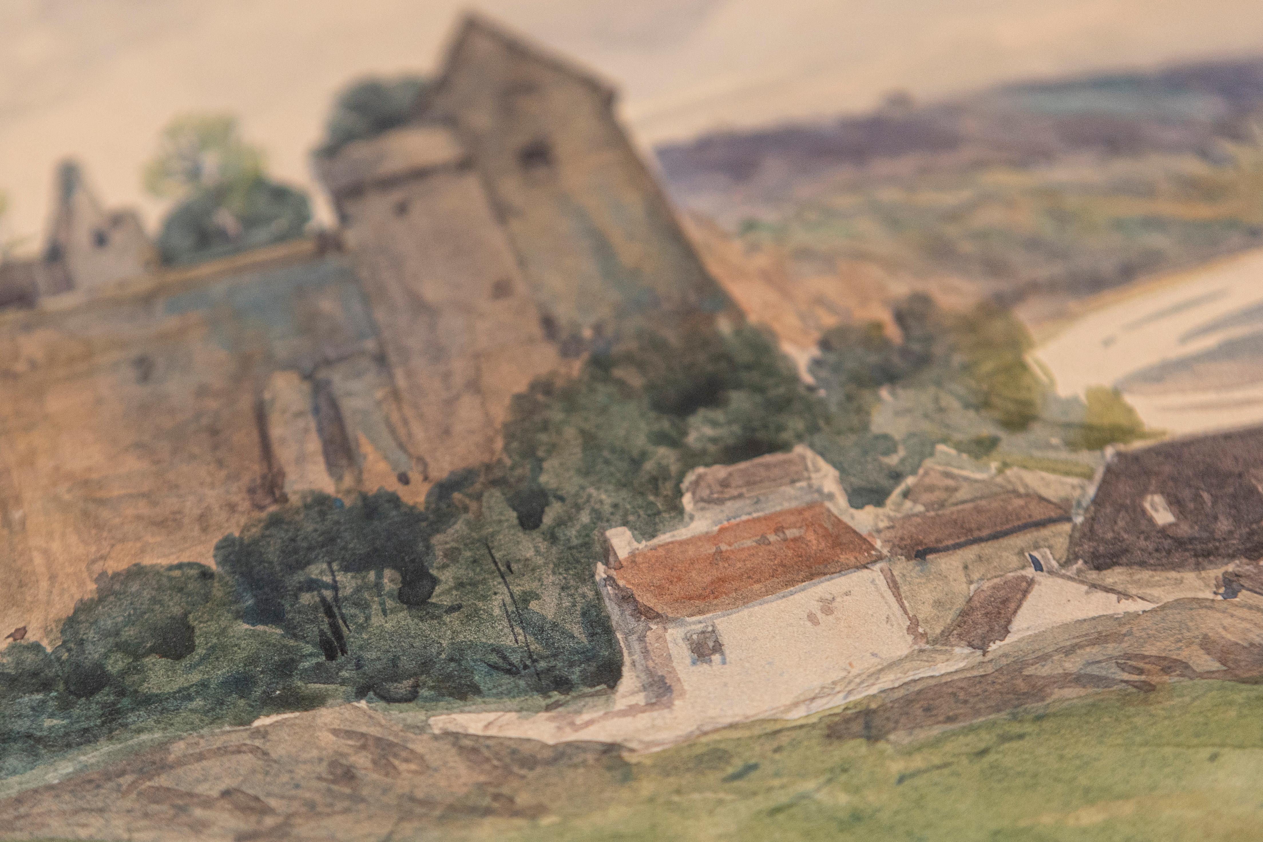 Acuarela francesa sobre papel Pintura de un castillo medieval junto al río Vienne Francés en venta