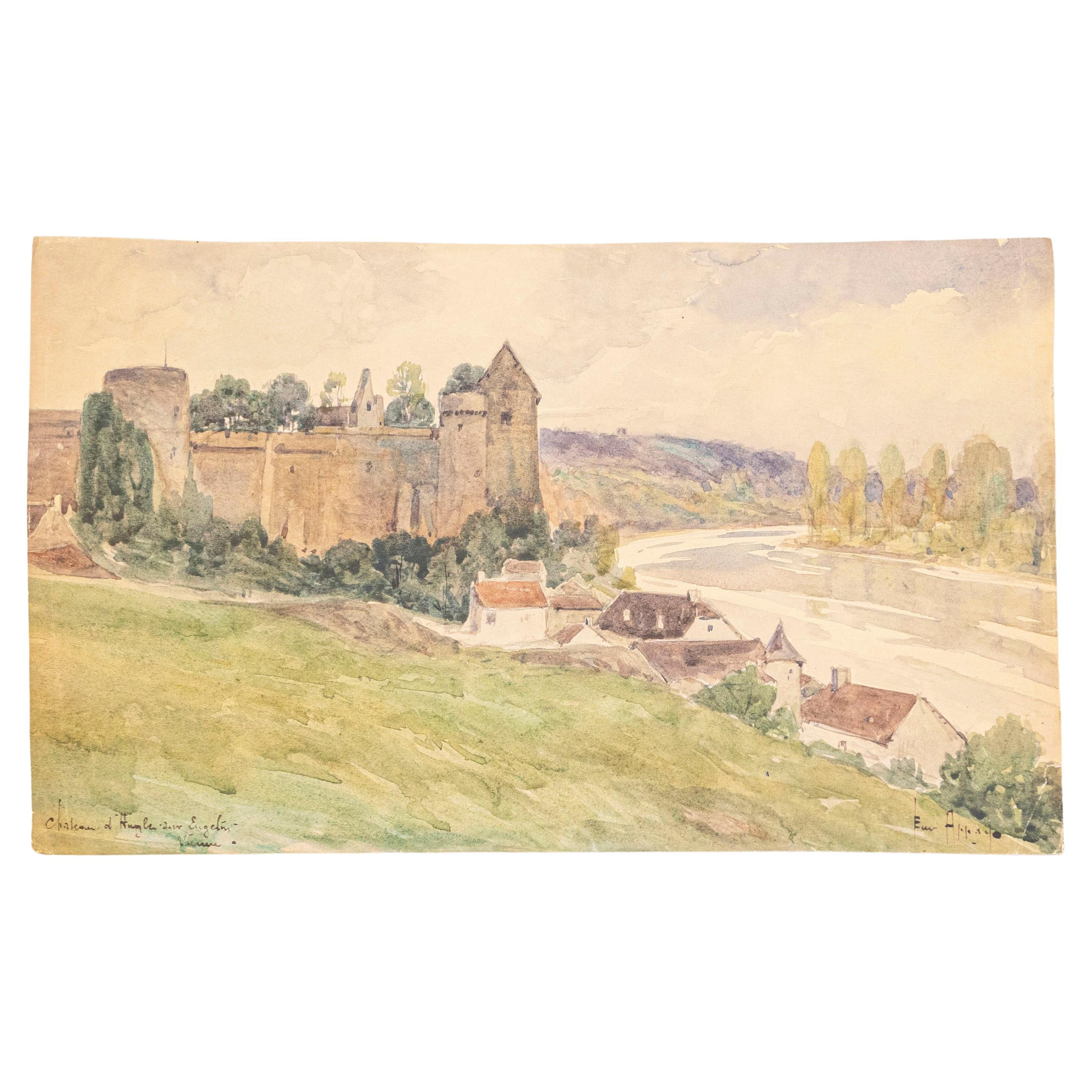French Watercolor on Paper Painting of a Medieval Château along the Vienne River