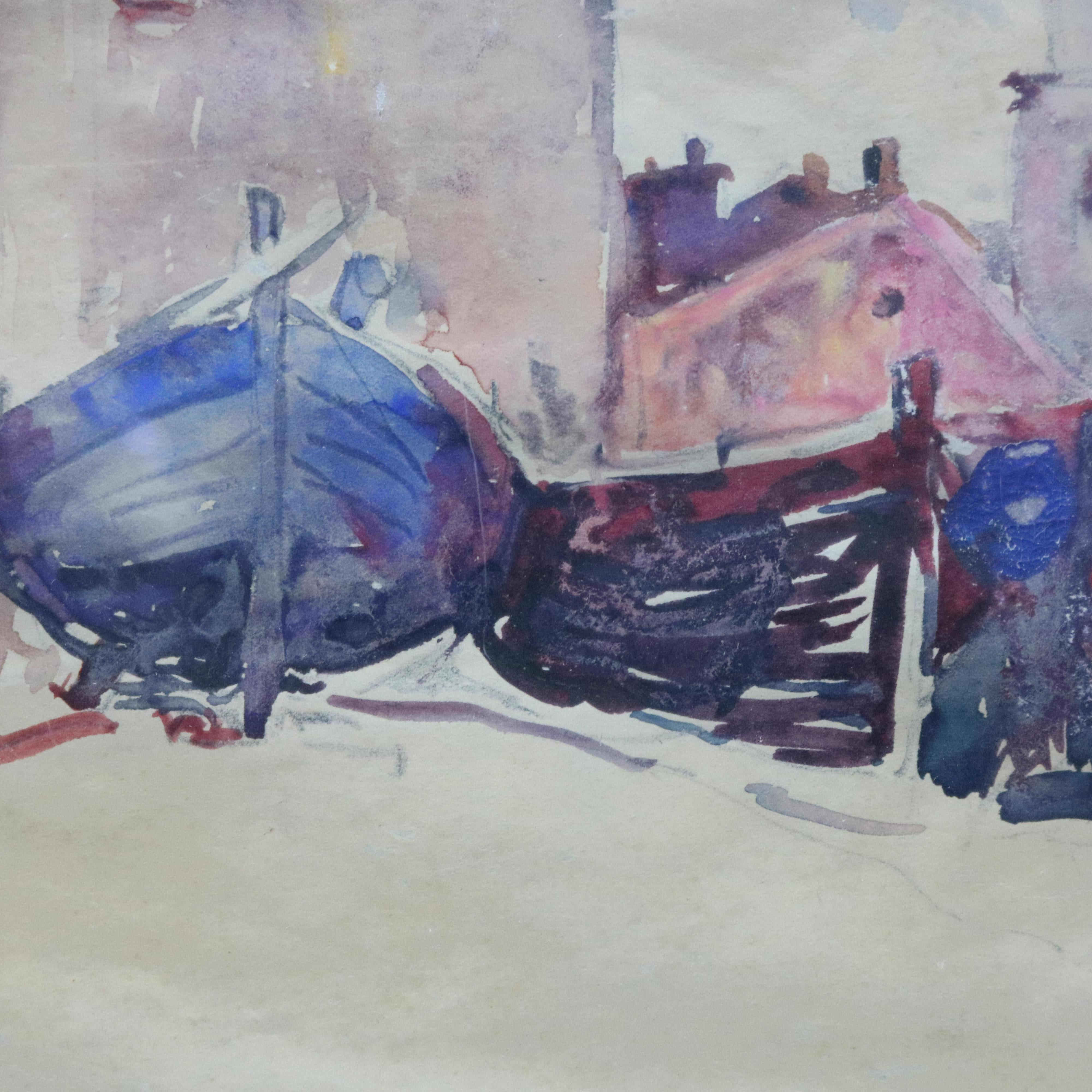 An antique French watercolor painting on paper by Lars Hoftrup titled South France depicts harbor scene with boats, signed lower right as photographed, framed and matted, circa 1920.

Measures: 12