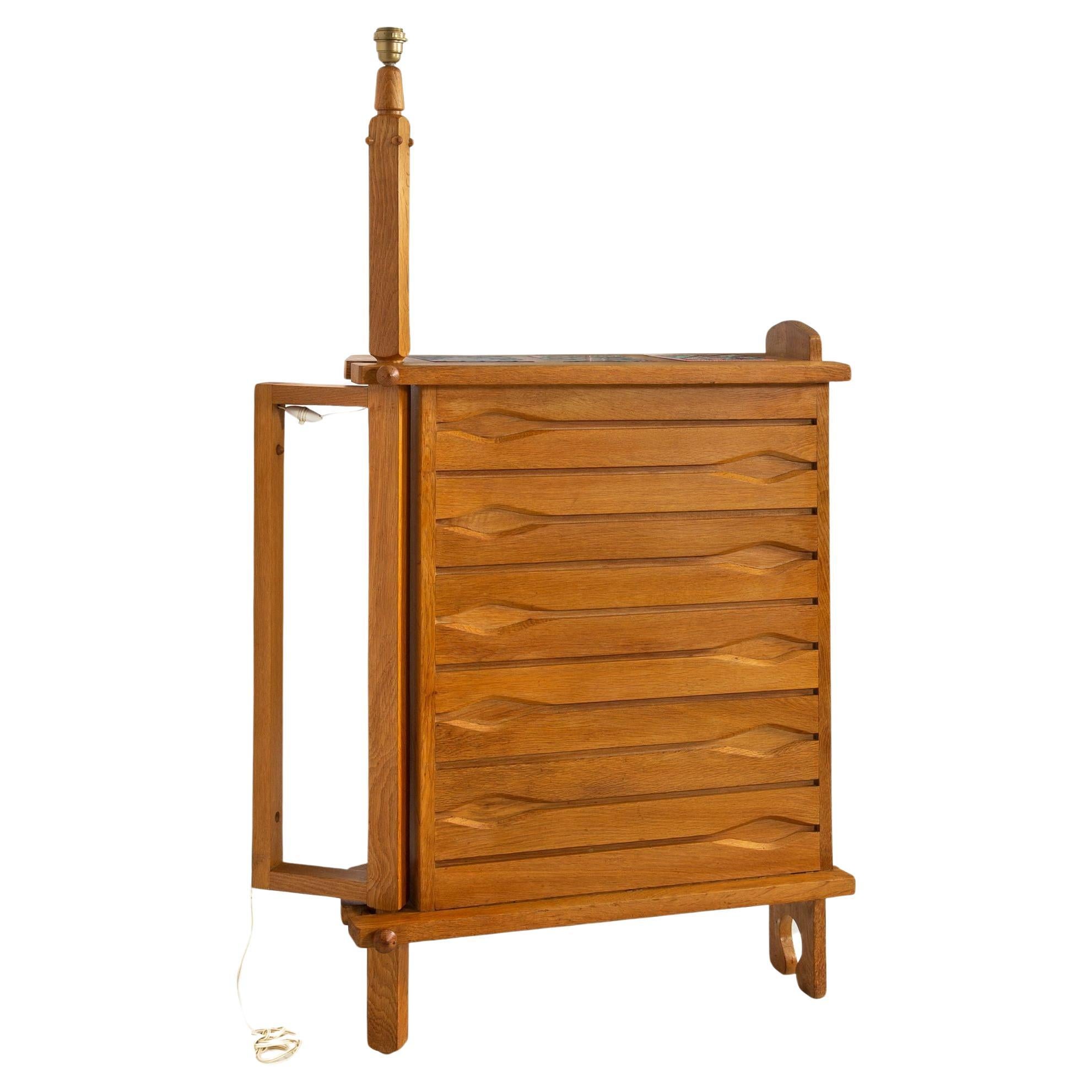 French Waxed Oak Swinging Bar Serving Cabinet by Guillerme et Chambron For Sale