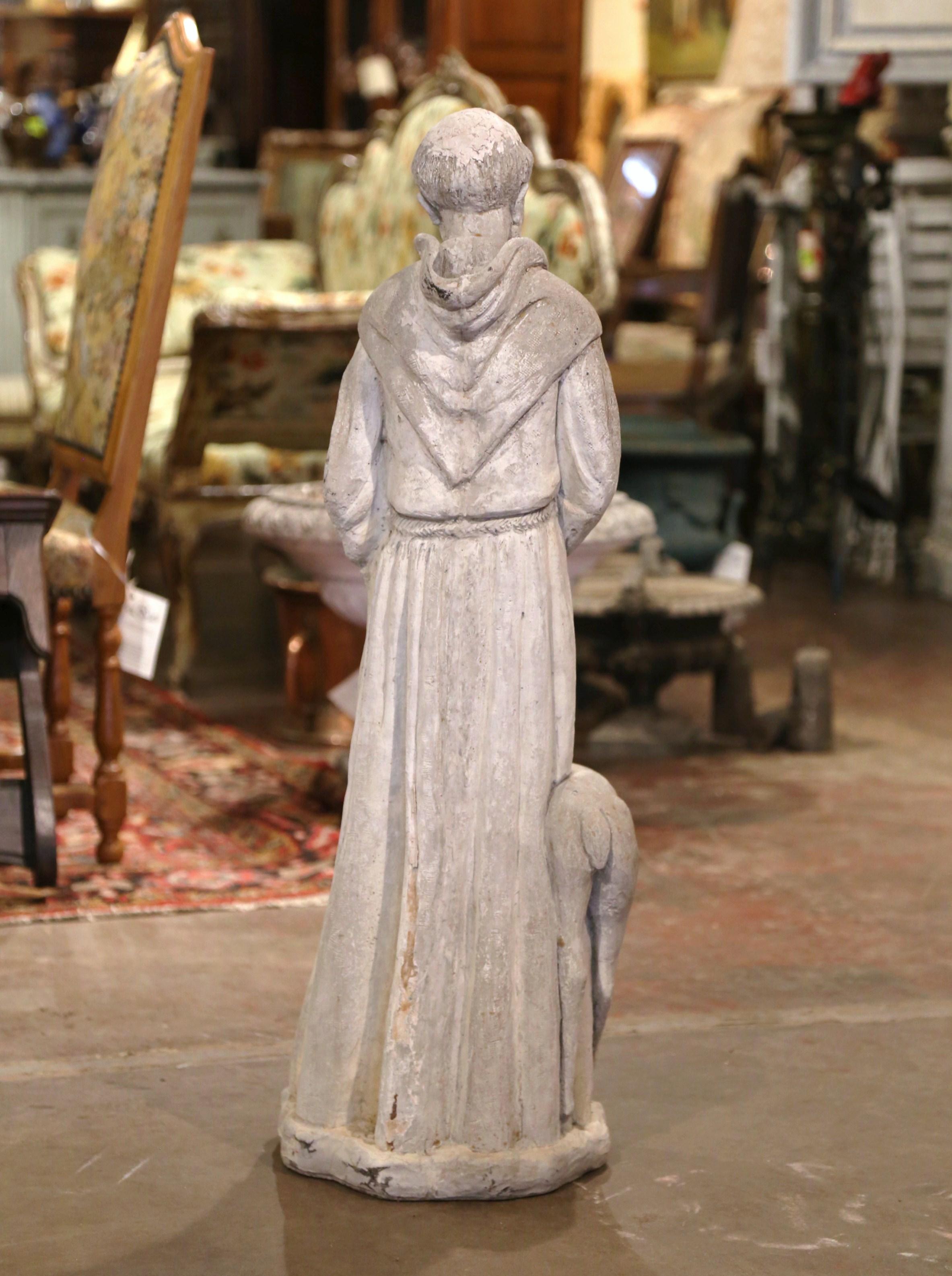 French Weathered Concrete St. Francis Statue with Lamb and Birds Dated 2001 For Sale 1