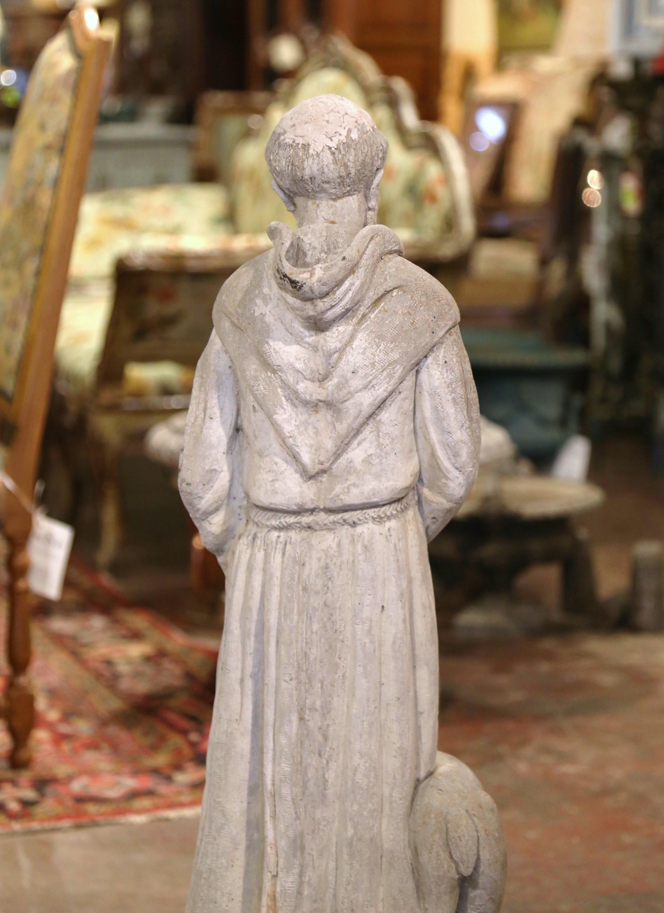 French Weathered Concrete St. Francis Statue with Lamb and Birds Dated 2001 For Sale 2