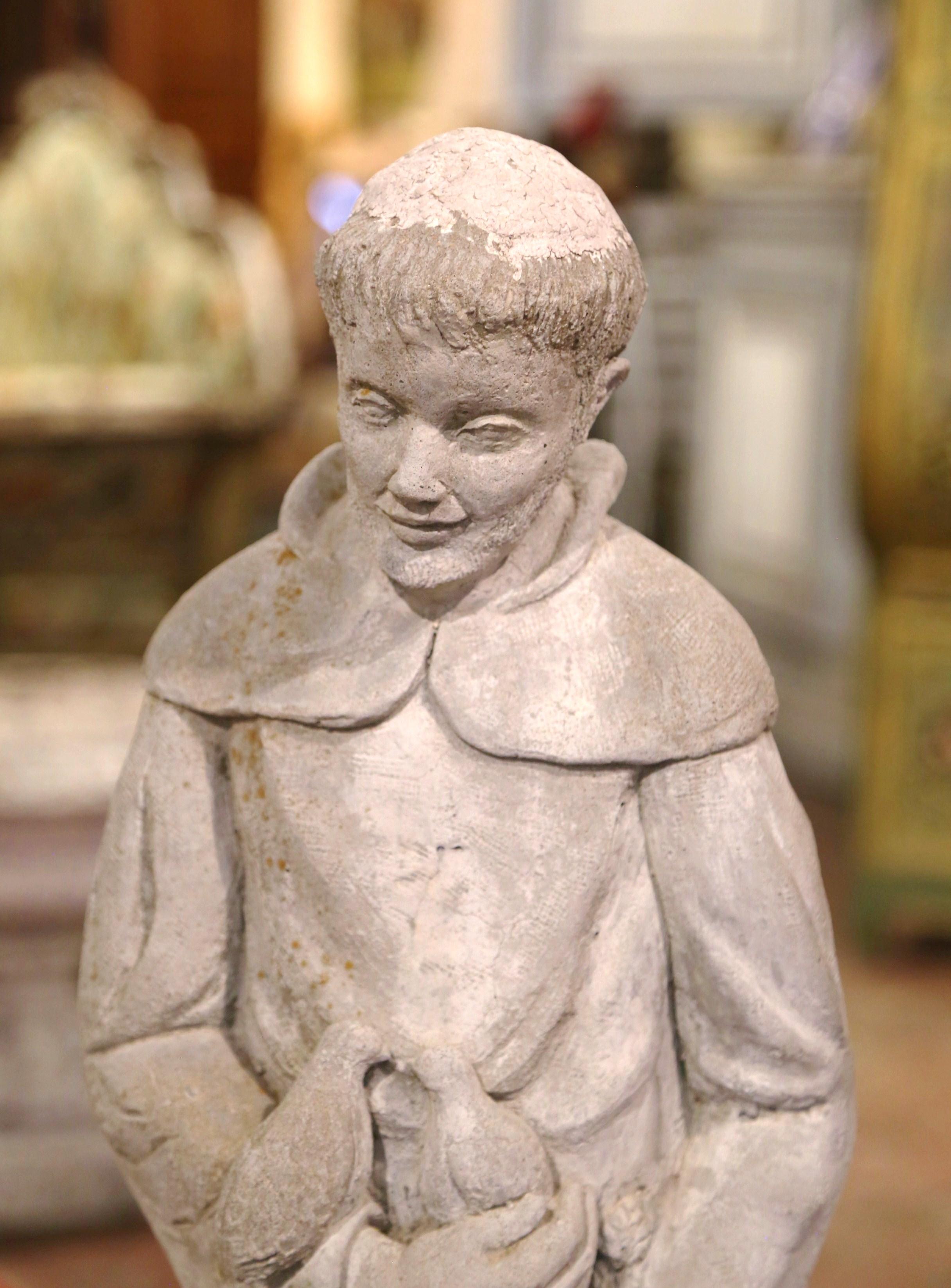 Hand-Carved French Weathered Concrete St. Francis Statue with Lamb and Birds Dated 2001 For Sale
