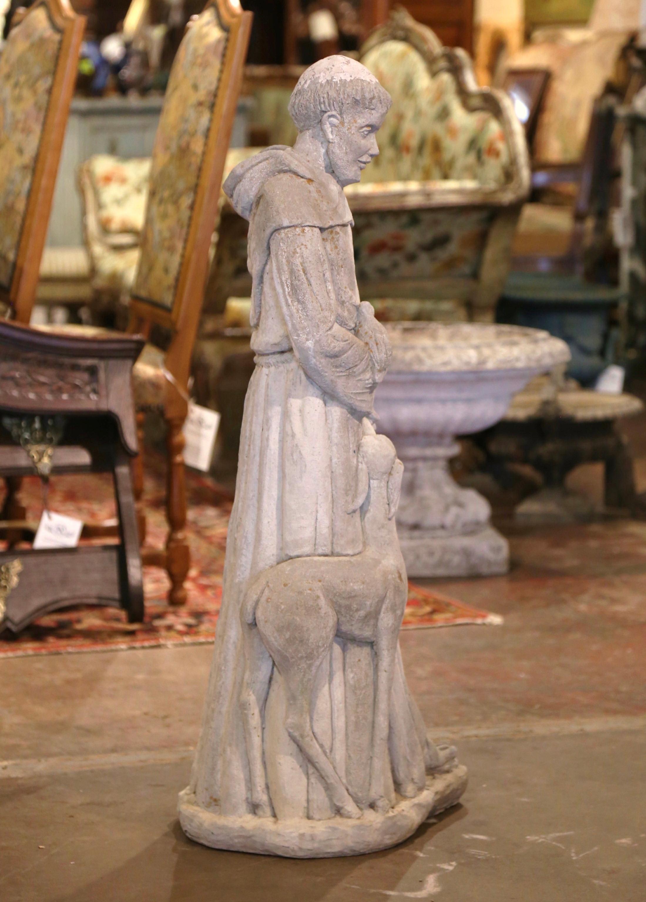 Stone French Weathered Concrete St. Francis Statue with Lamb and Birds Dated 2001 For Sale