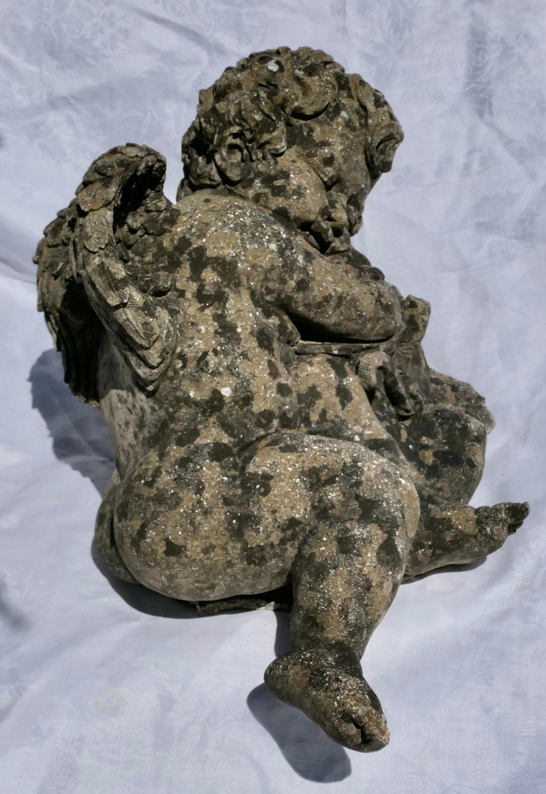 French Weathered Stone Statue of a Sleeping Putti, Baby Cherub with Wings In Good Condition For Sale In Chillerton, Isle of Wight