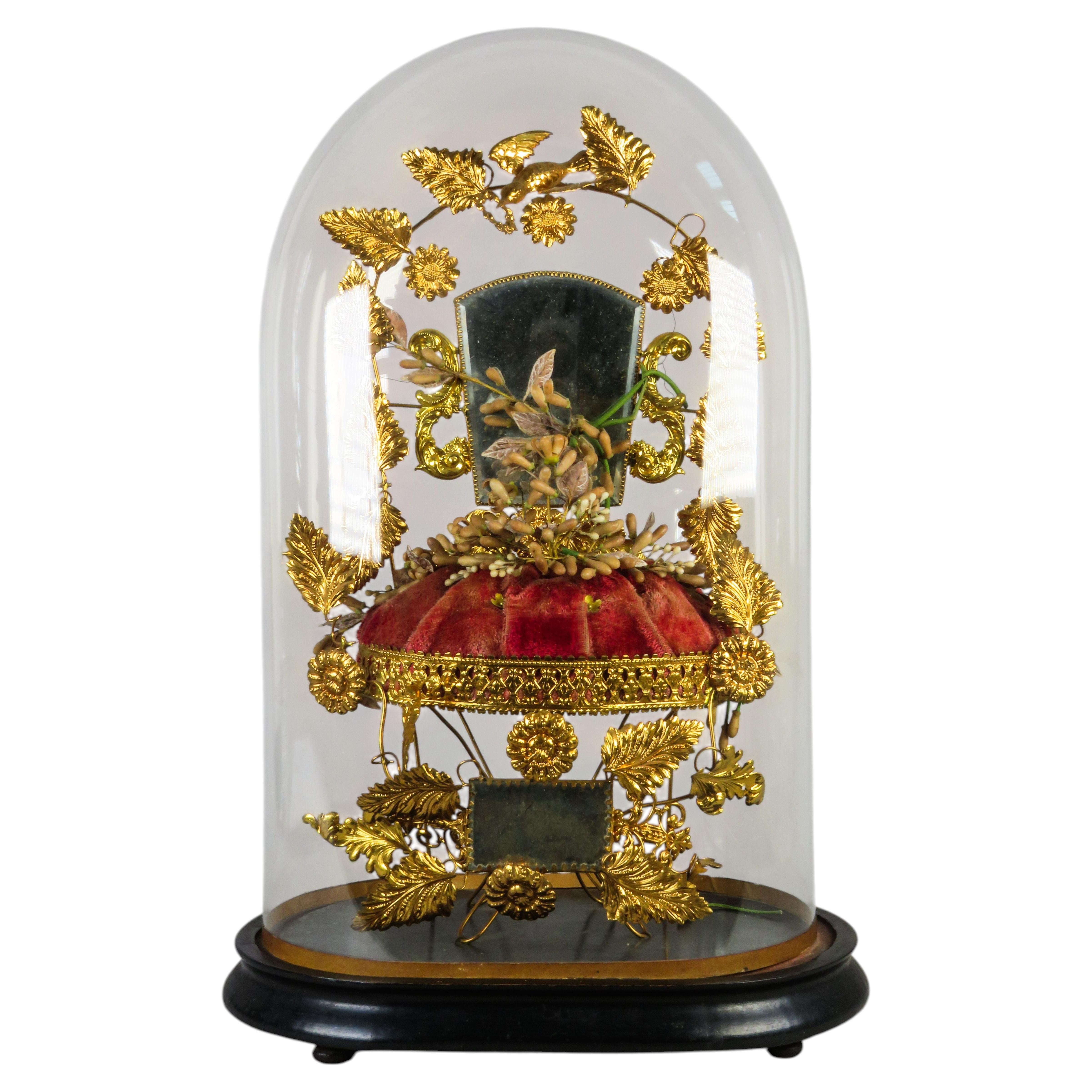 French wedding lantern, Globe de Mariée, gilt metal, tufted design, and mirror For Sale