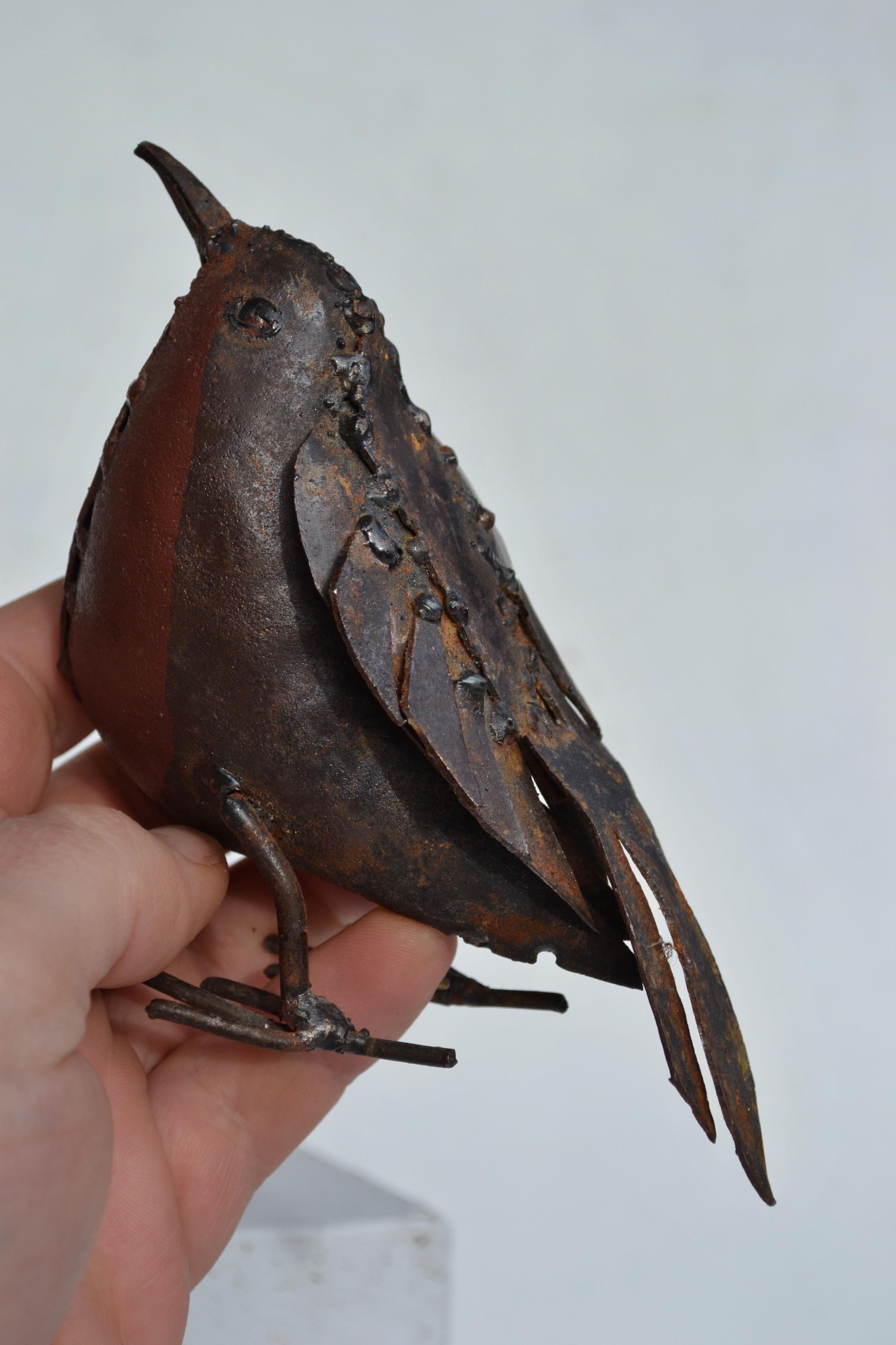 Un'affascinante scultura artigianale in metallo saldato di metà secolo che raffigura un pettirosso, realizzata in Francia intorno al 1950. Questo squisito pezzo mette in mostra l'abilità artigianale con elementi tagliati e modellati a mano, segni di