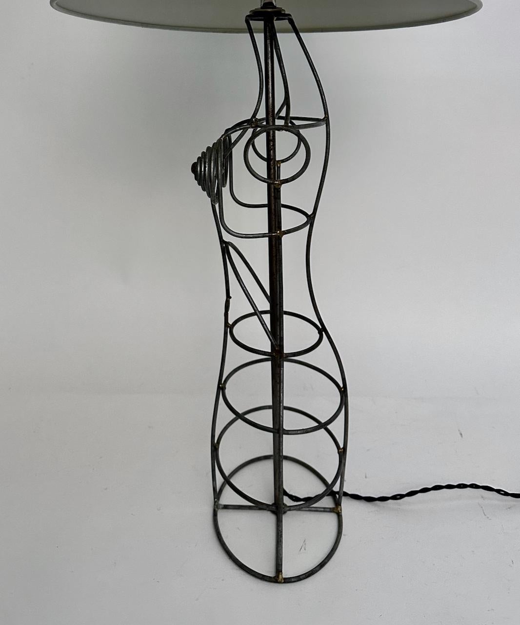 Modern French Welded Steel Wire Dress Form Table Lamp, C. 1970 For Sale