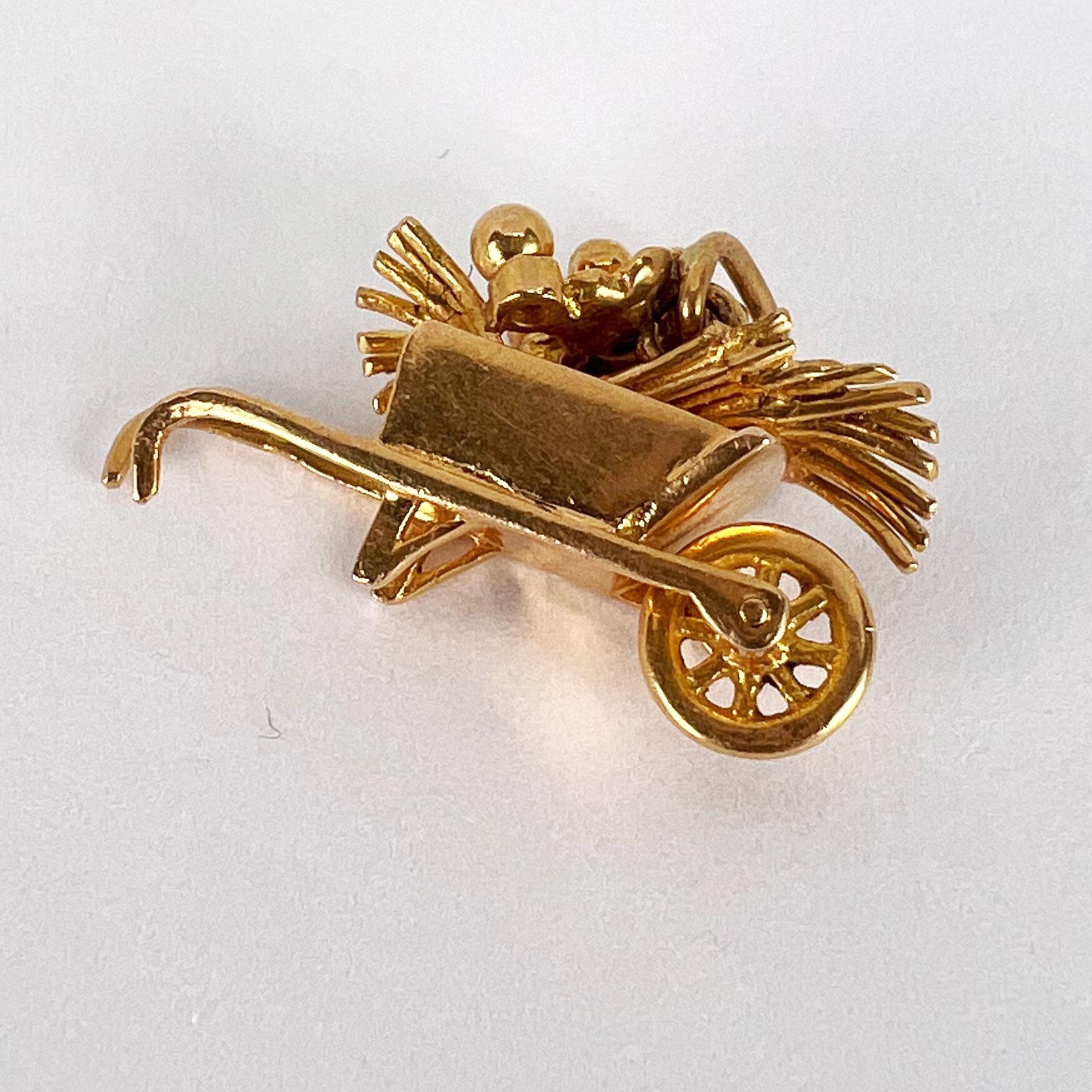 French Wheelbarrow with Flowers 18K Yellow Gold Charm Pendant For Sale 5