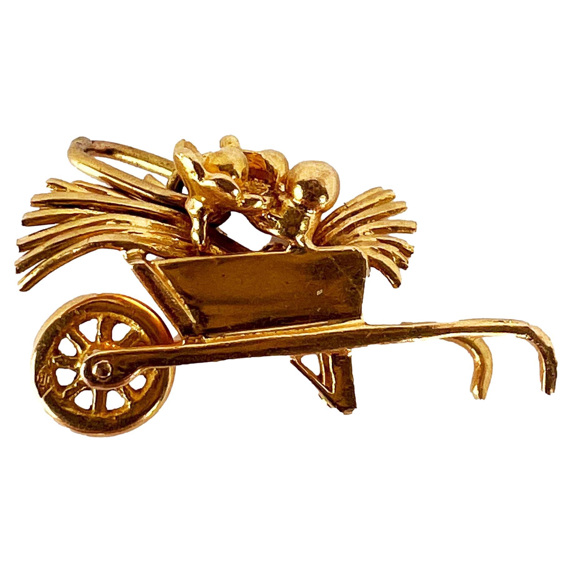 French Wheelbarrow with Flowers 18K Yellow Gold Charm Pendant For Sale