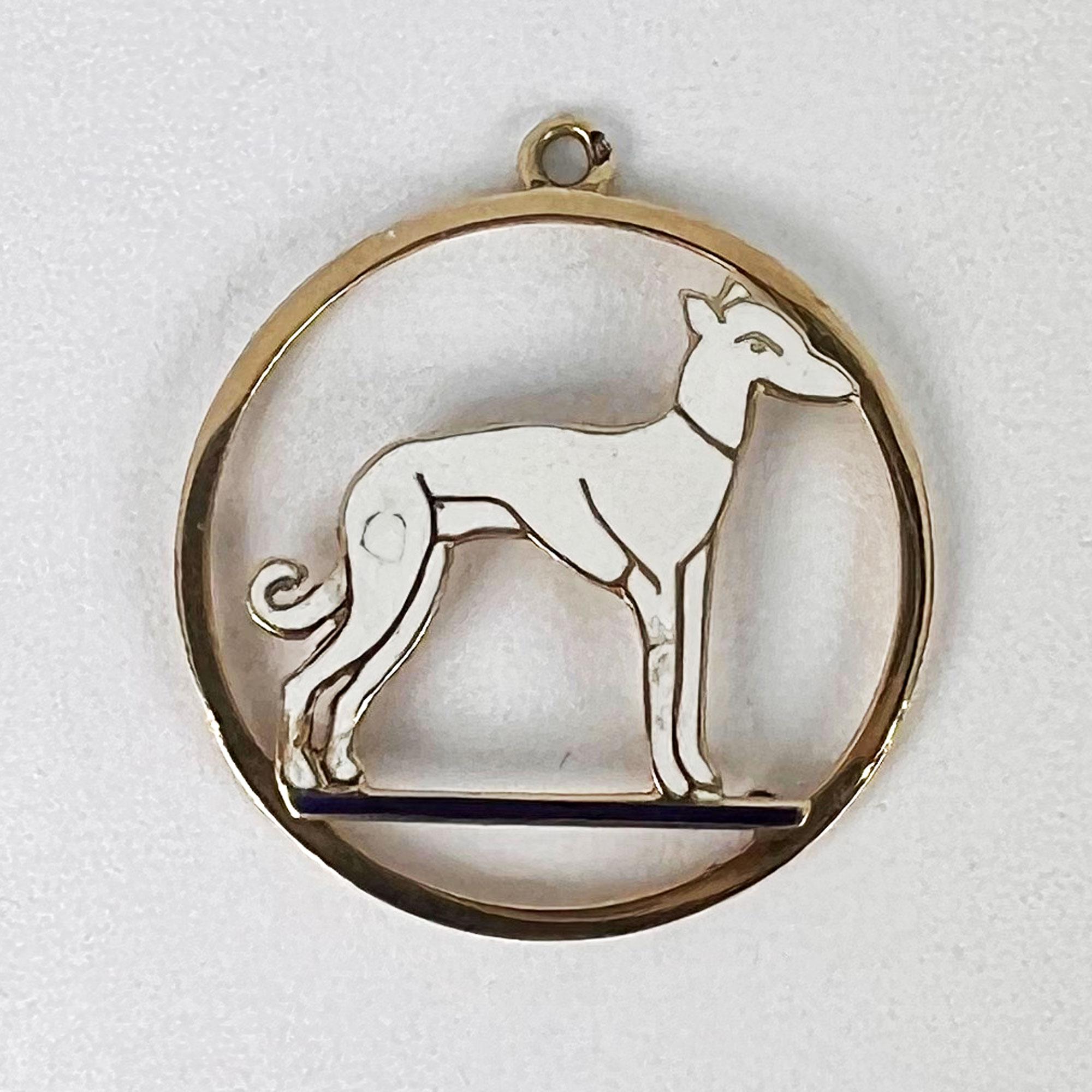 French Whippet Dog 18 Karat Yellow Gold Enamel Charm Pendant For Sale 4