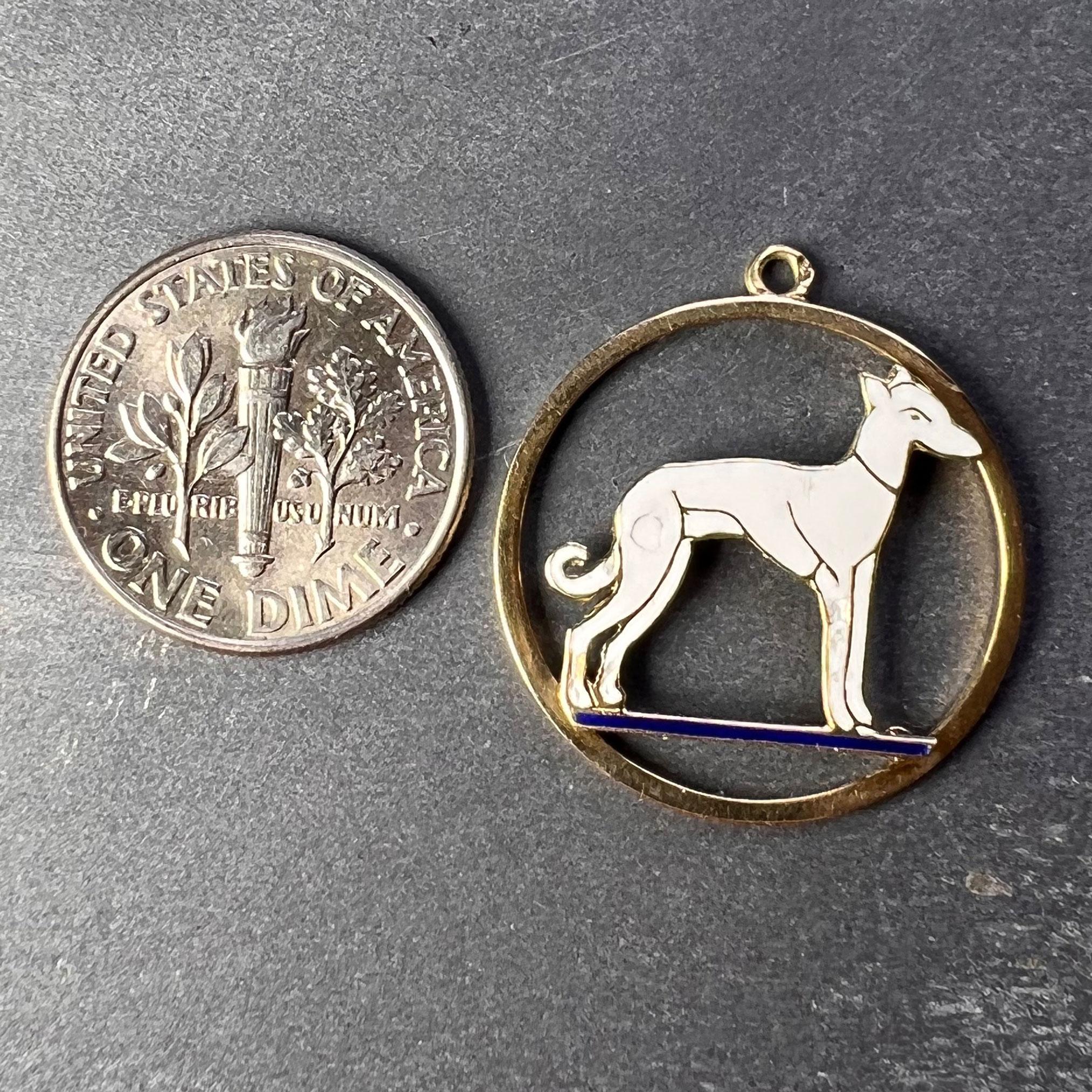 French Whippet Dog 18 Karat Yellow Gold Enamel Charm Pendant In Good Condition For Sale In London, GB