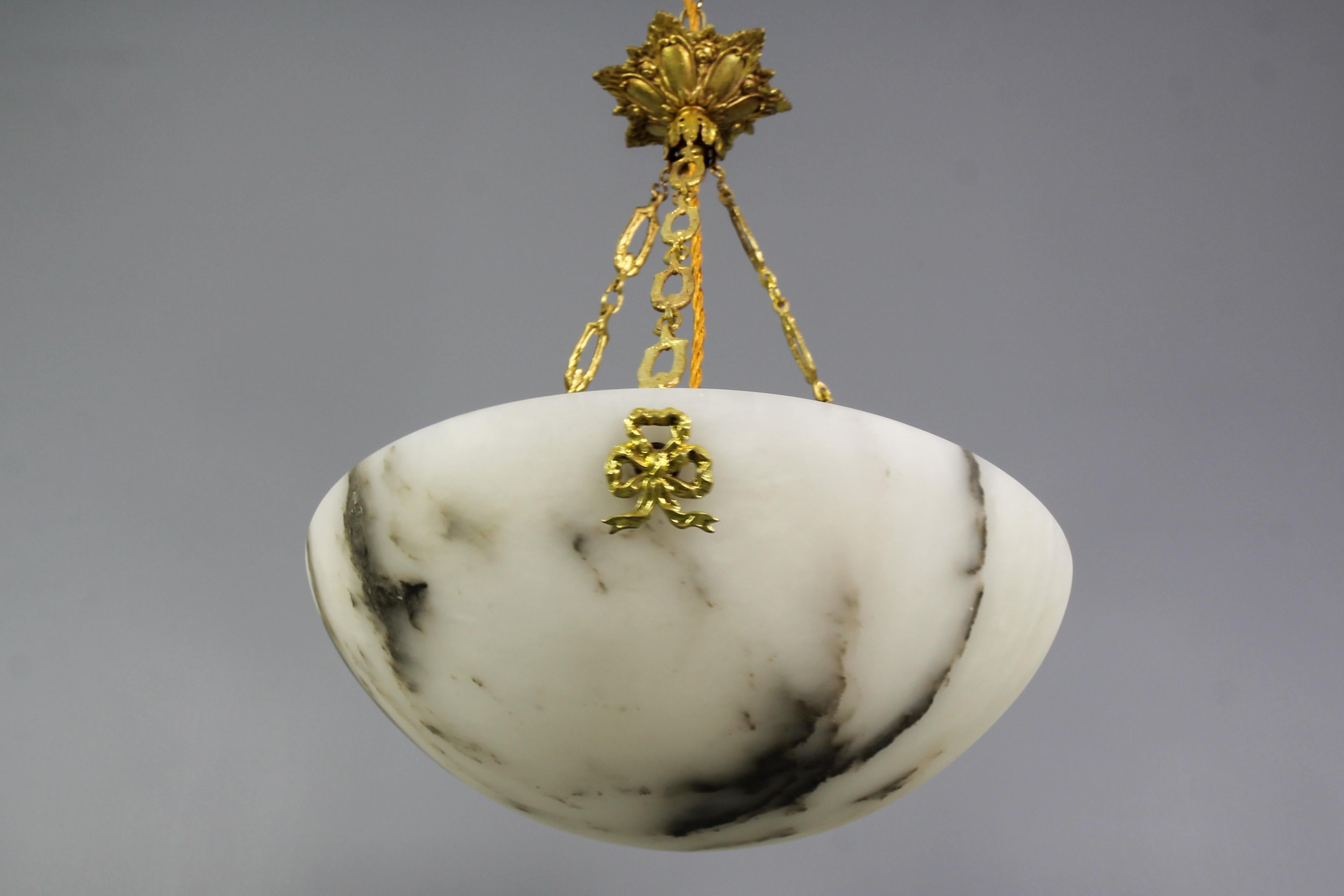 French White Alabaster and Bronze Pendant Light Fixture, circa 1920 For Sale 6