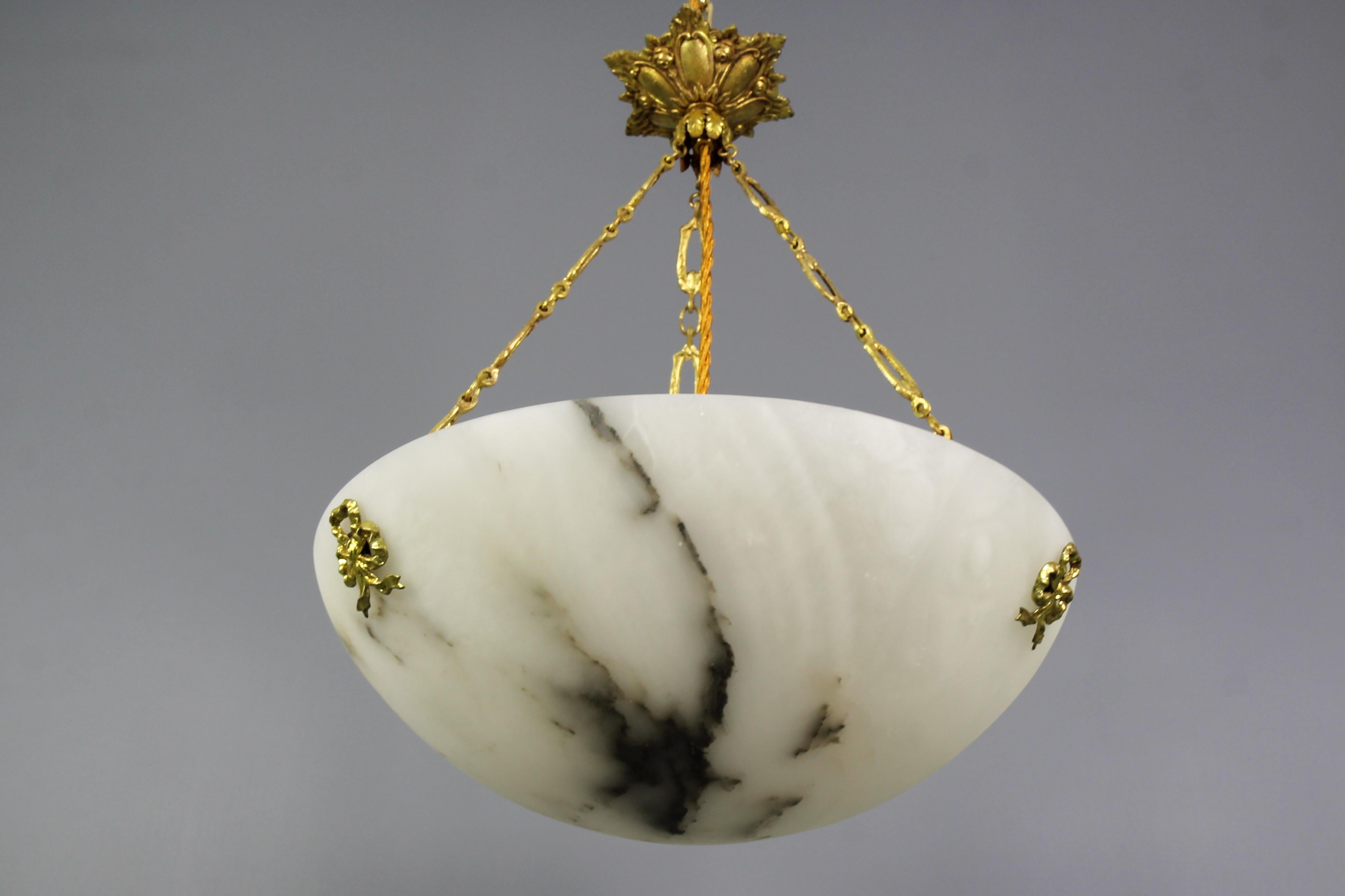 French White Alabaster and Bronze Pendant Light Fixture, circa 1920 For Sale 7