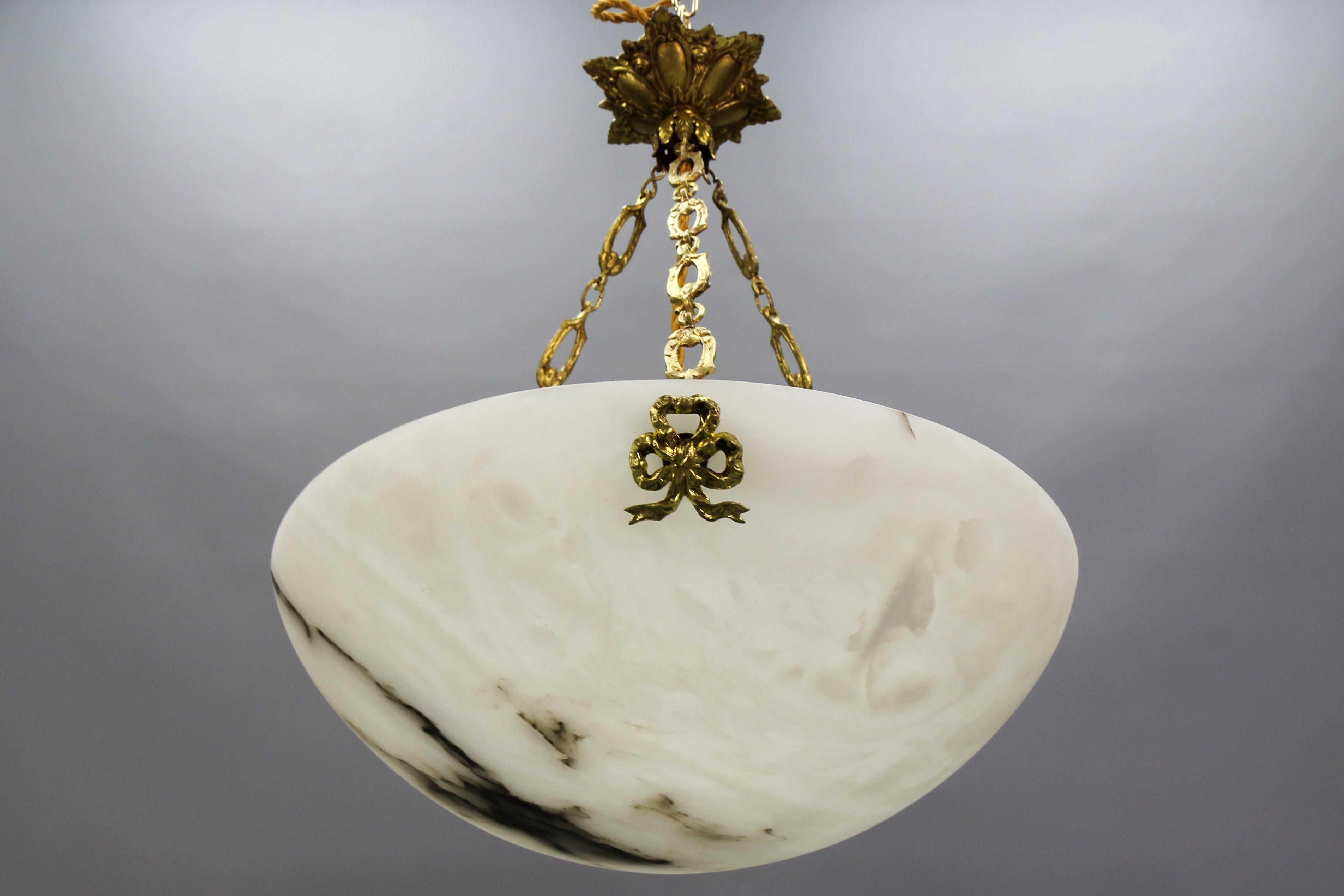 French White Alabaster and Bronze Pendant Light Fixture, circa 1920 For Sale 8