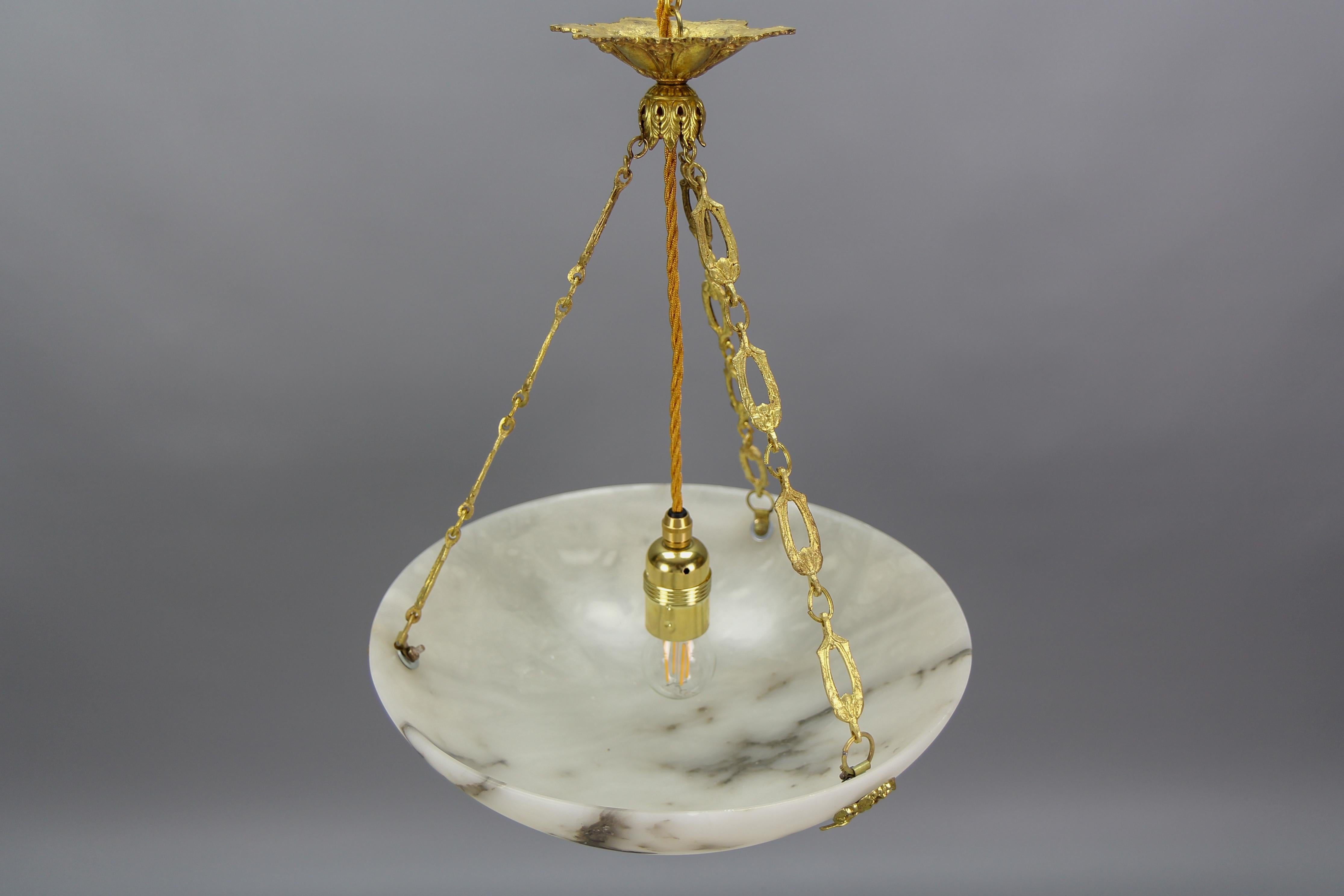 French White Alabaster and Bronze Pendant Light Fixture, circa 1920 For Sale 9