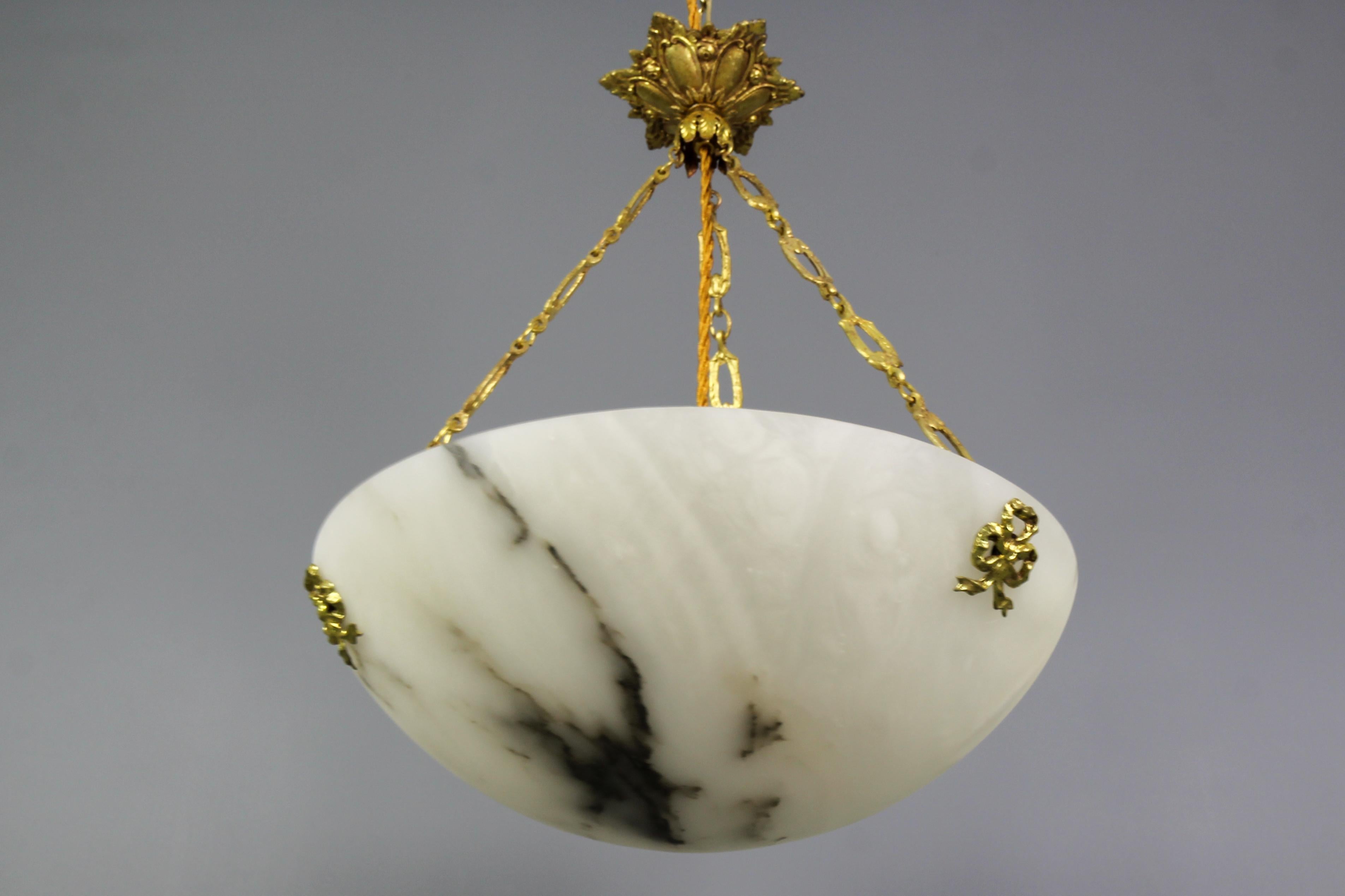 French White Alabaster and Bronze Pendant Light Fixture, circa 1920 For Sale 14