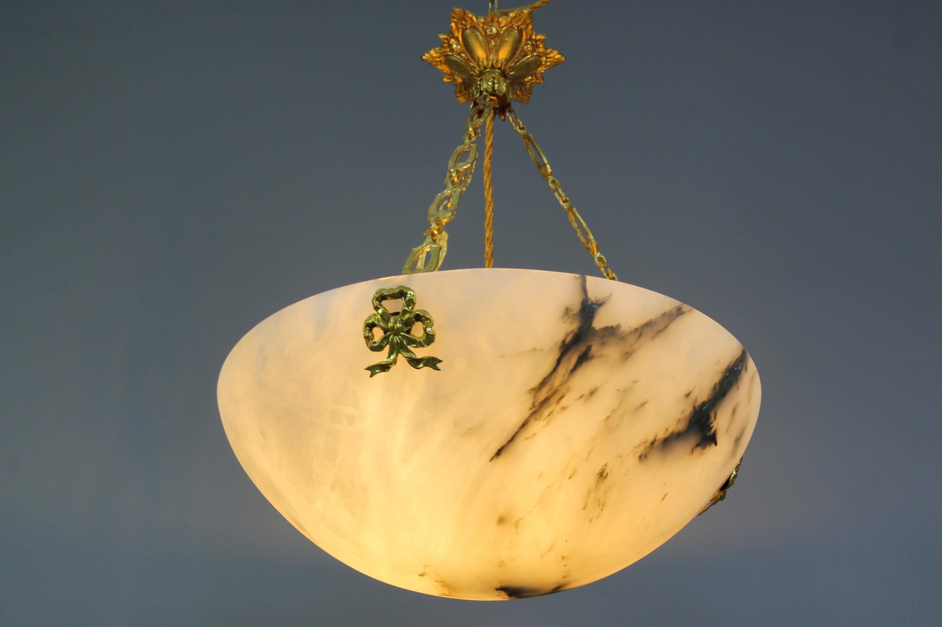 Art Deco French White Alabaster and Bronze Pendant Light Fixture, circa 1920 For Sale