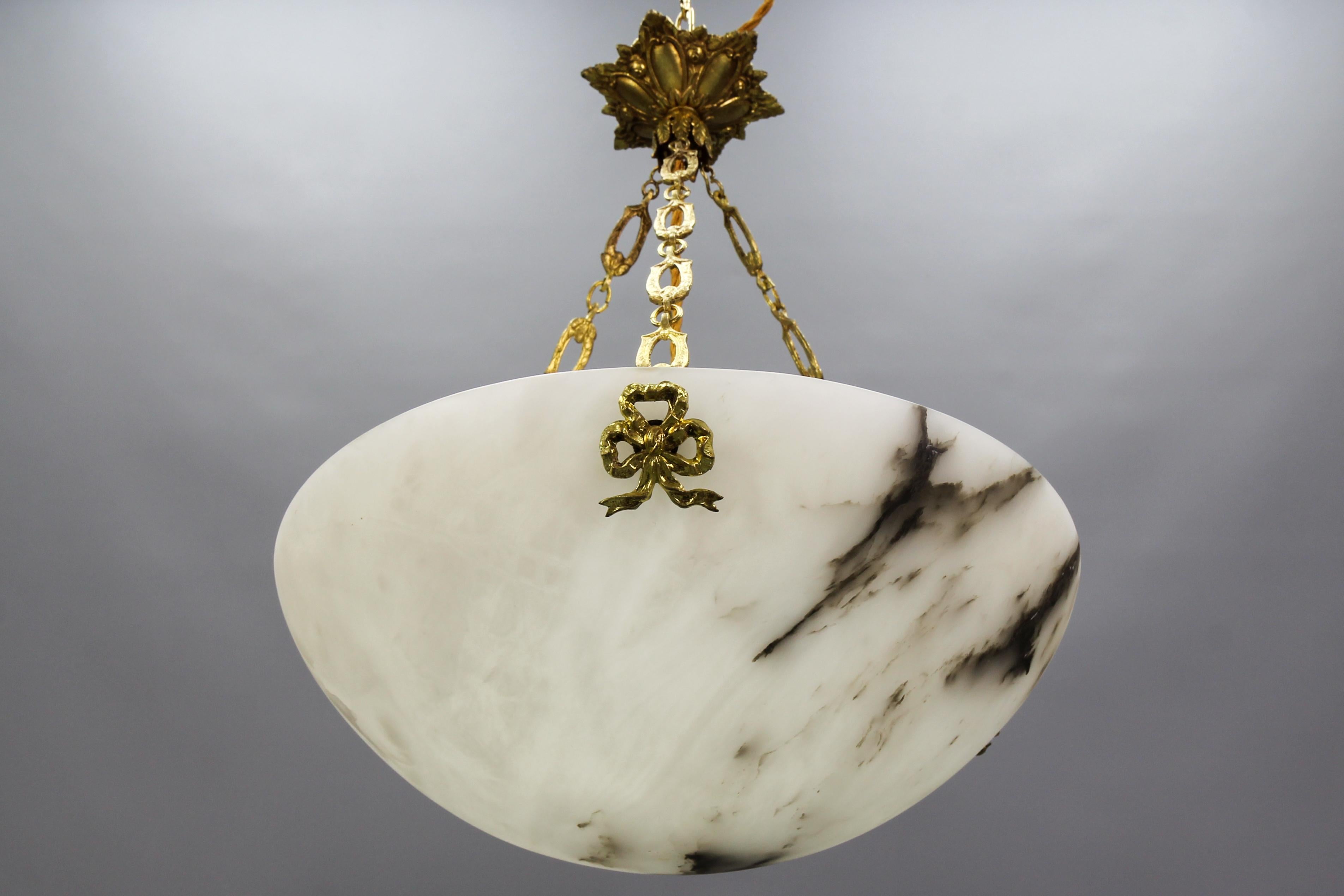 French White Alabaster and Bronze Pendant Light Fixture, circa 1920 In Good Condition For Sale In Barntrup, DE