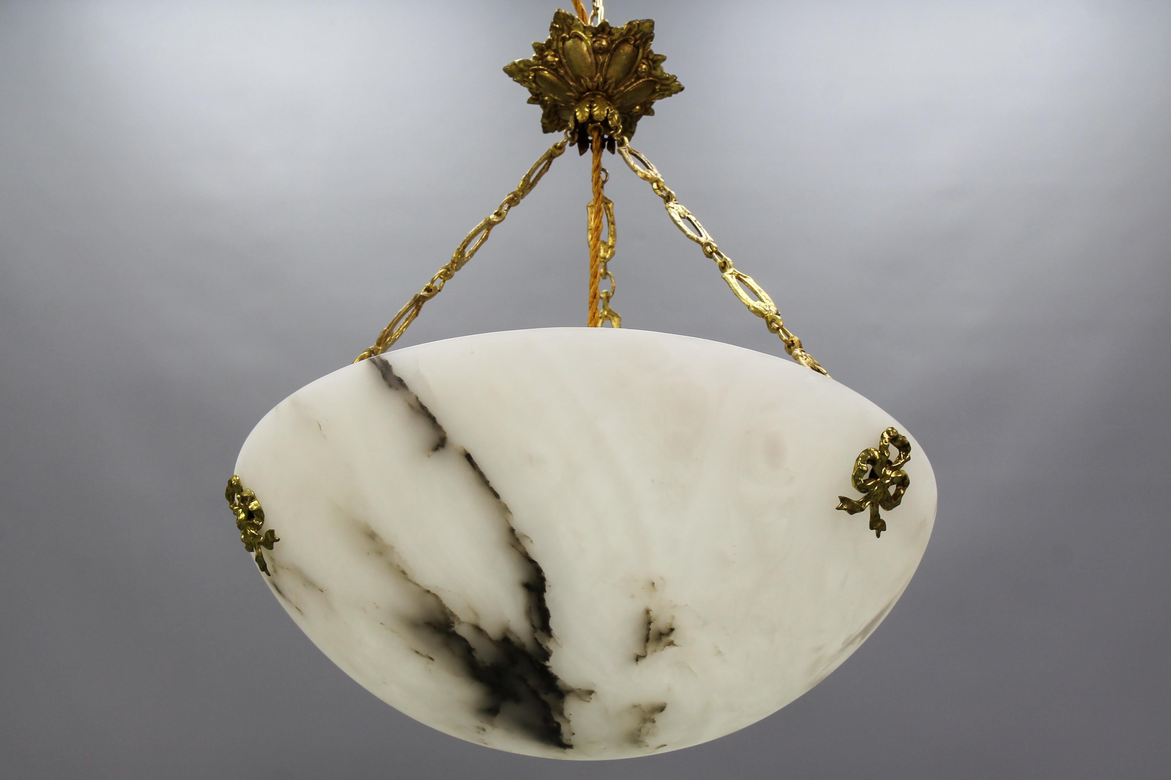 Early 20th Century French White Alabaster and Bronze Pendant Light Fixture, circa 1920 For Sale