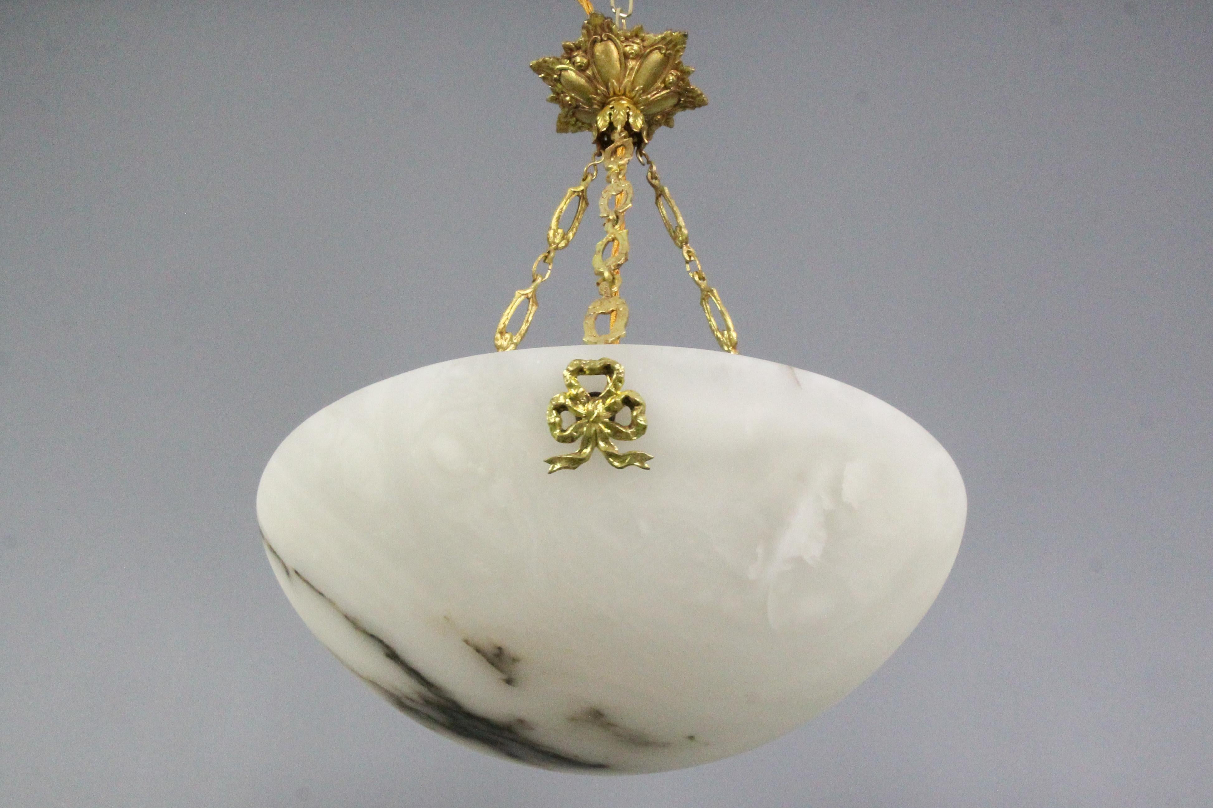 Brass French White Alabaster and Bronze Pendant Light Fixture, circa 1920 For Sale