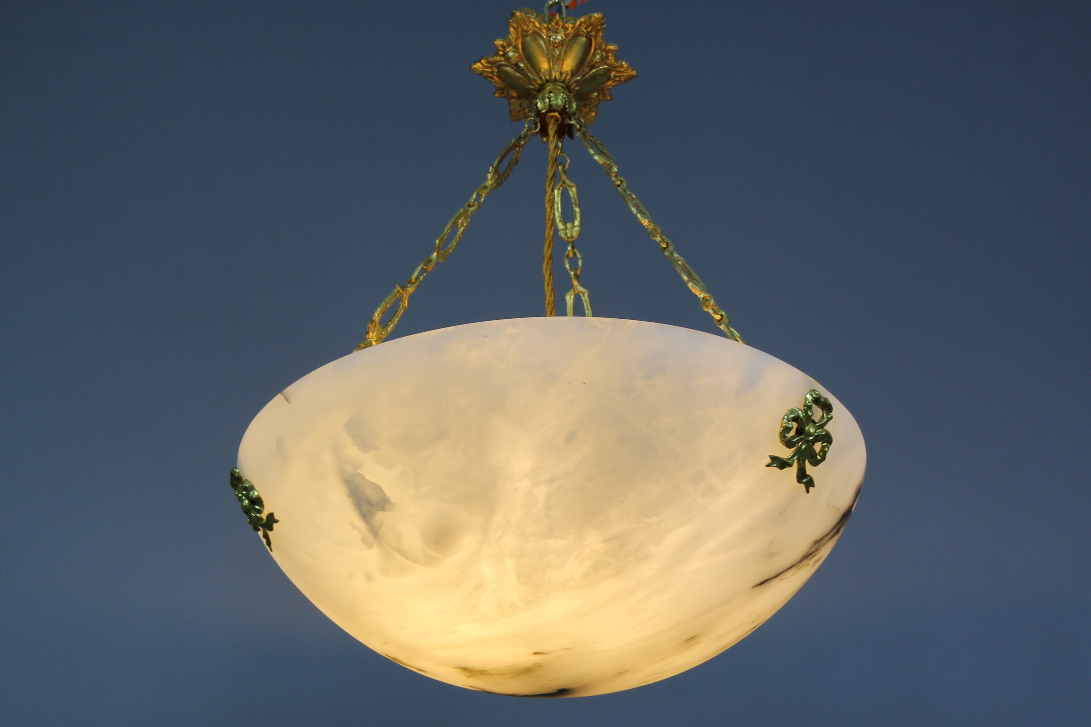 French White Alabaster and Bronze Pendant Light Fixture, circa 1920 For Sale 1