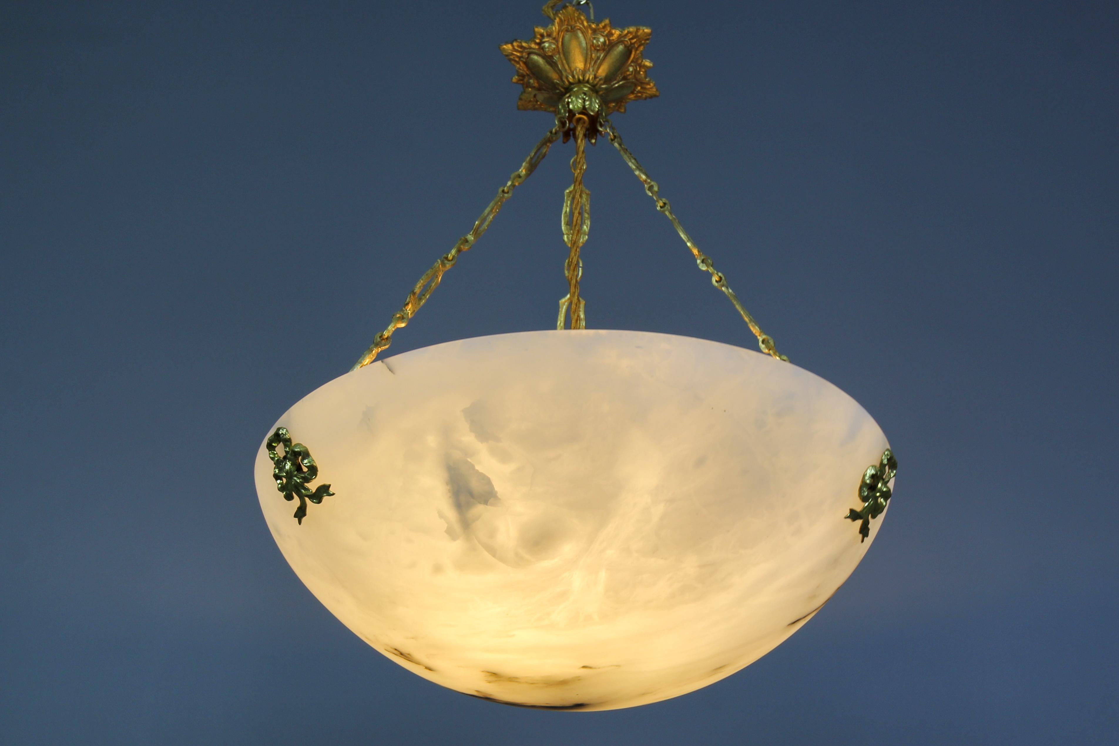 French White Alabaster and Bronze Pendant Light Fixture, circa 1920 For Sale 2