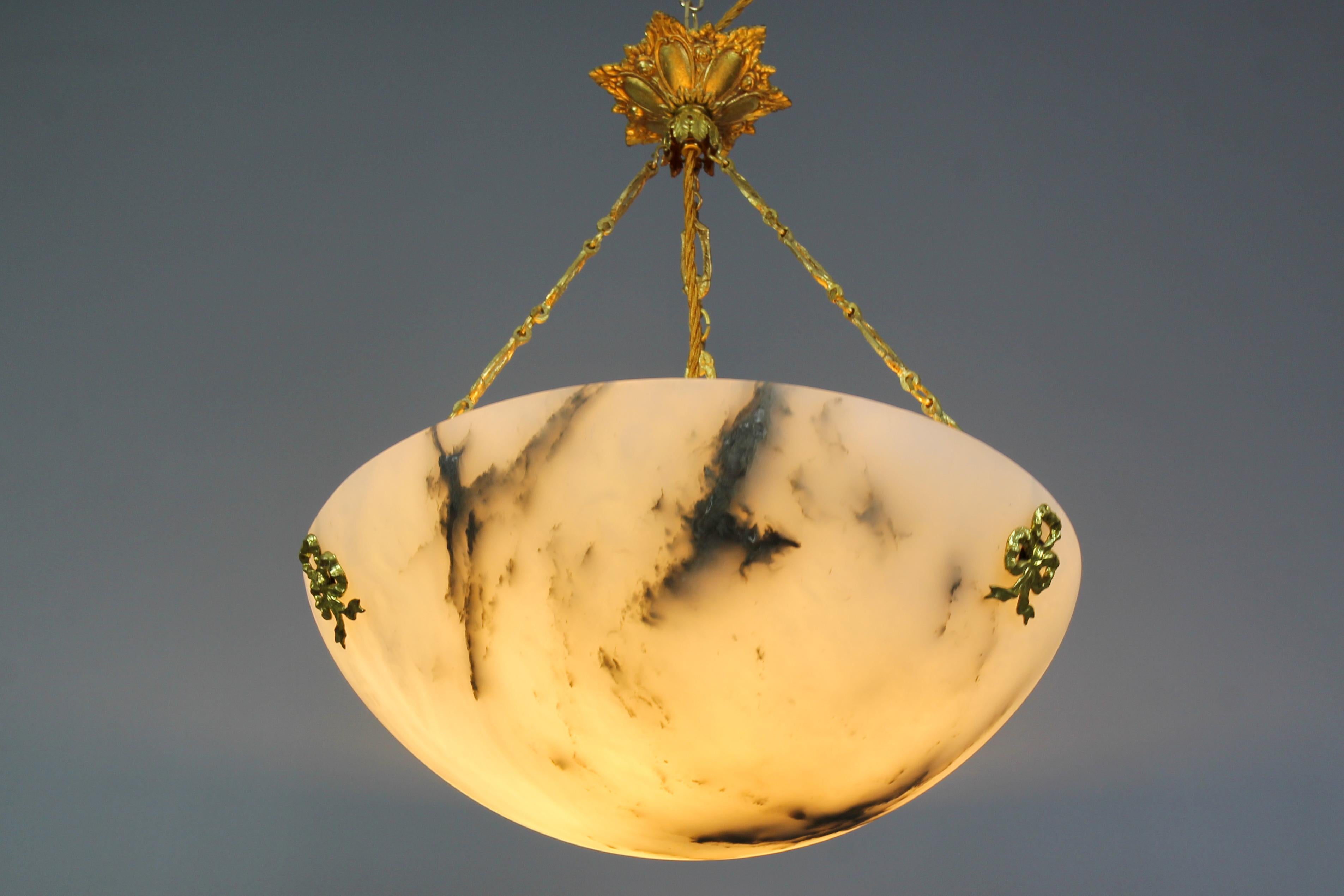 French White Alabaster and Bronze Pendant Light Fixture, circa 1920 For Sale 3