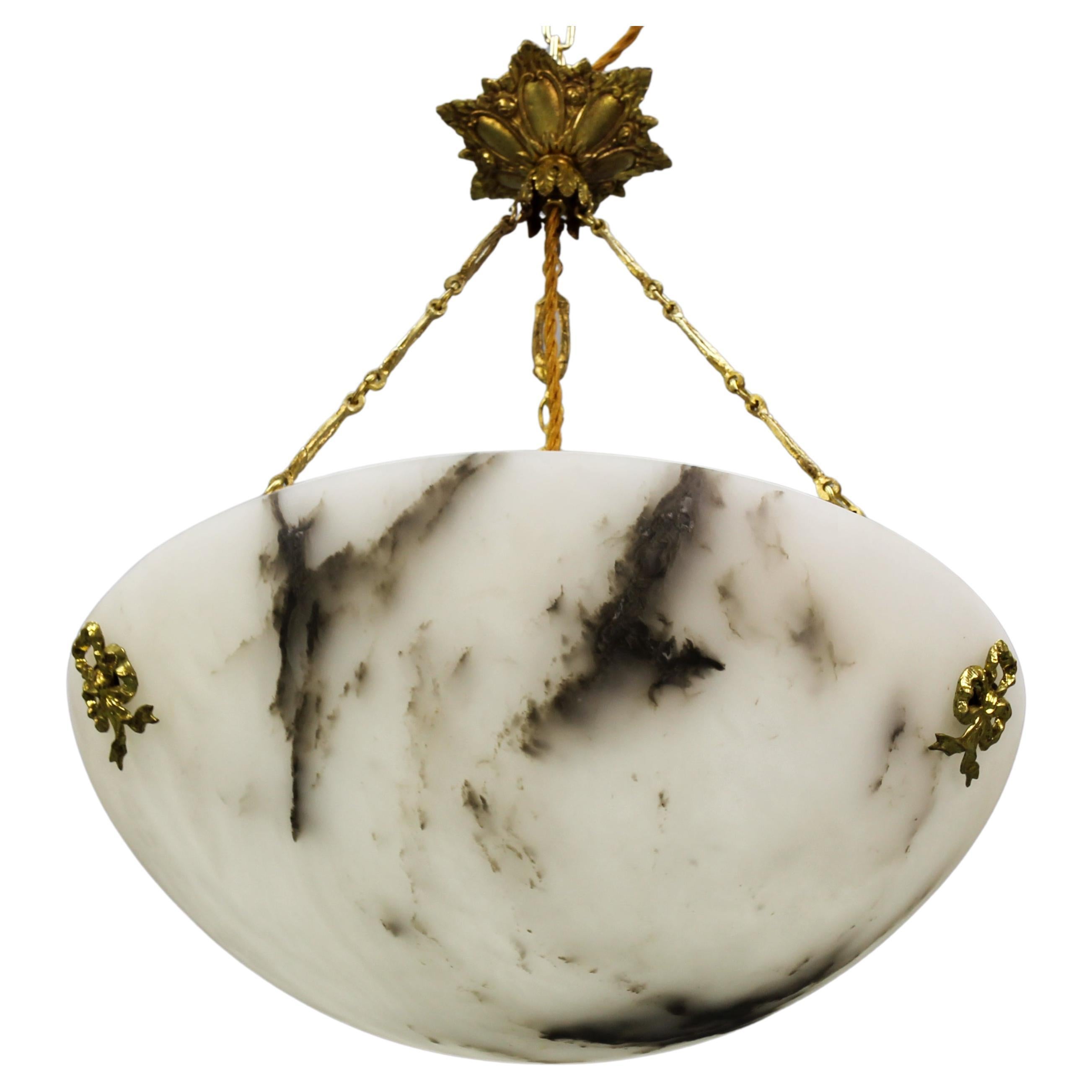 French White Alabaster and Bronze Pendant Light Fixture, circa 1920