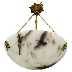 French White Alabaster and Bronze Pendant Light Fixture, circa 1920
