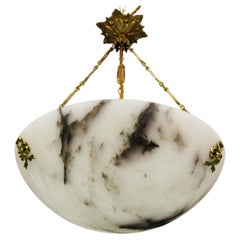 Antique French White Alabaster and Bronze Pendant Light Fixture, circa 1920