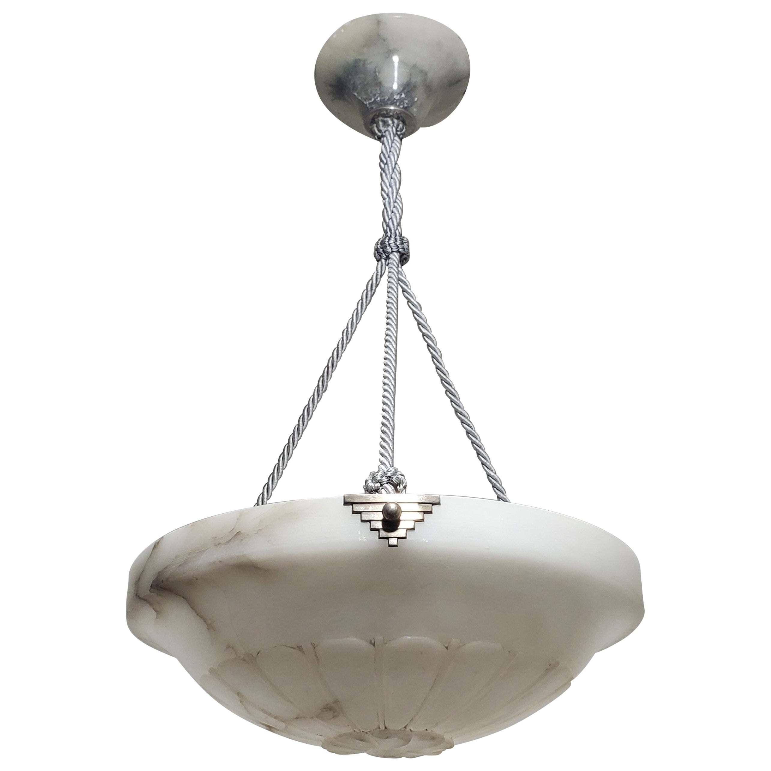 Lampada a sospensione francese in alabastro bianco, corda grigia con baldacchino originale in alabastro in vendita
