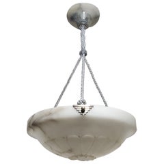Französische Pendelleuchte aus weißem Alabaster, graues Seil mit originalem Alabasterbaldachin