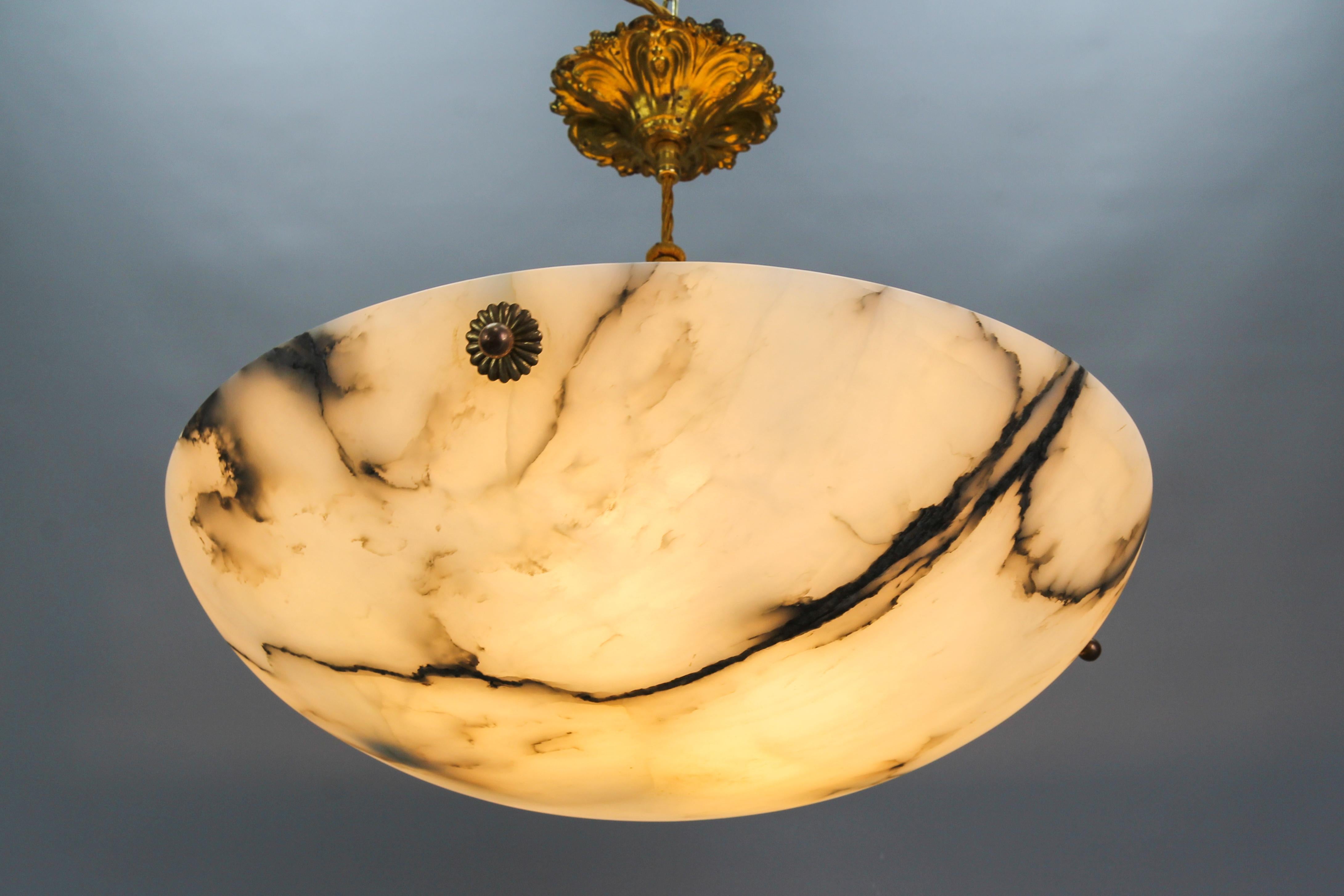French, White and Black Alabaster and Brass Pendant Light Fixture, 1920s 4