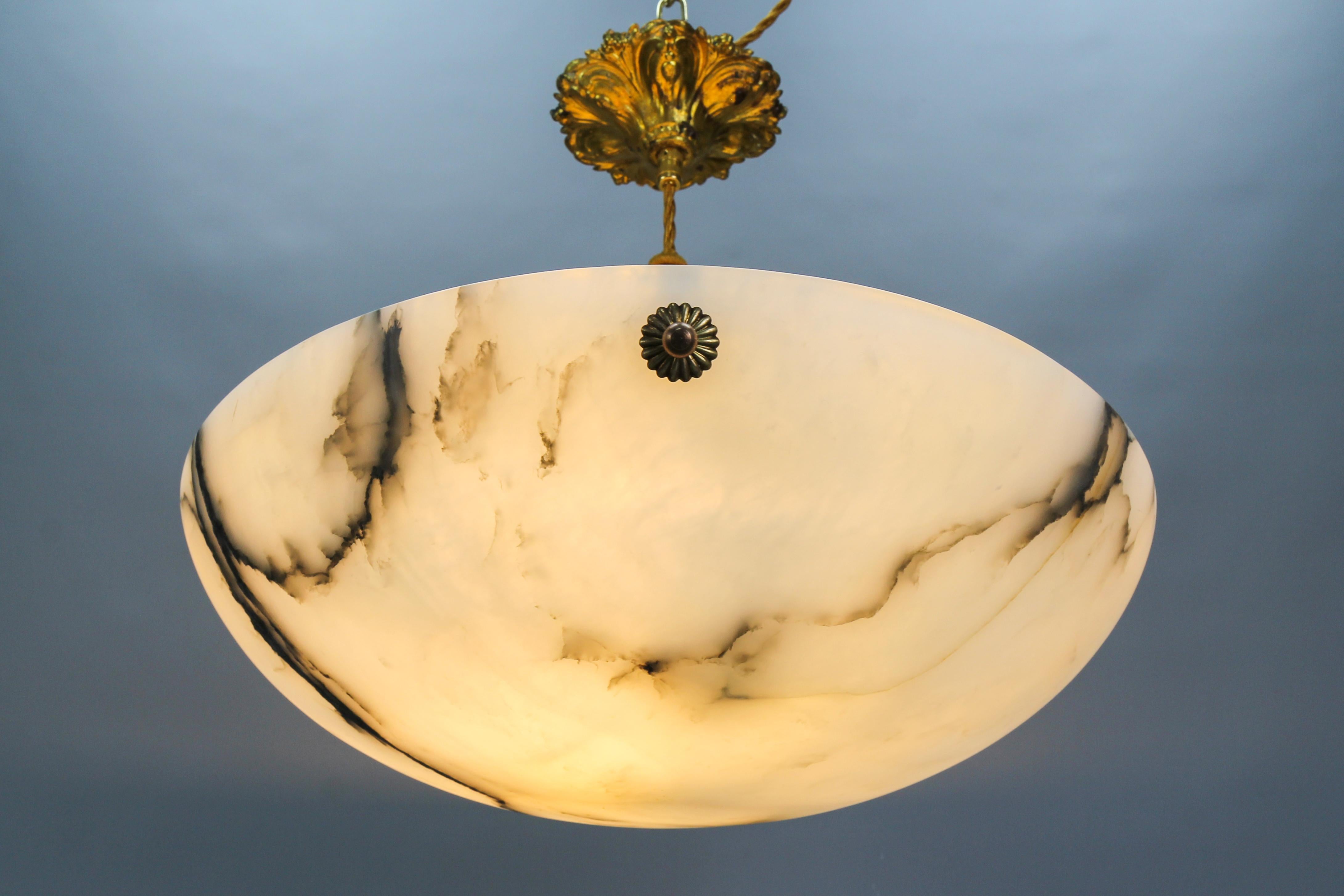 French, White and Black Alabaster and Brass Pendant Light Fixture, 1920s 14
