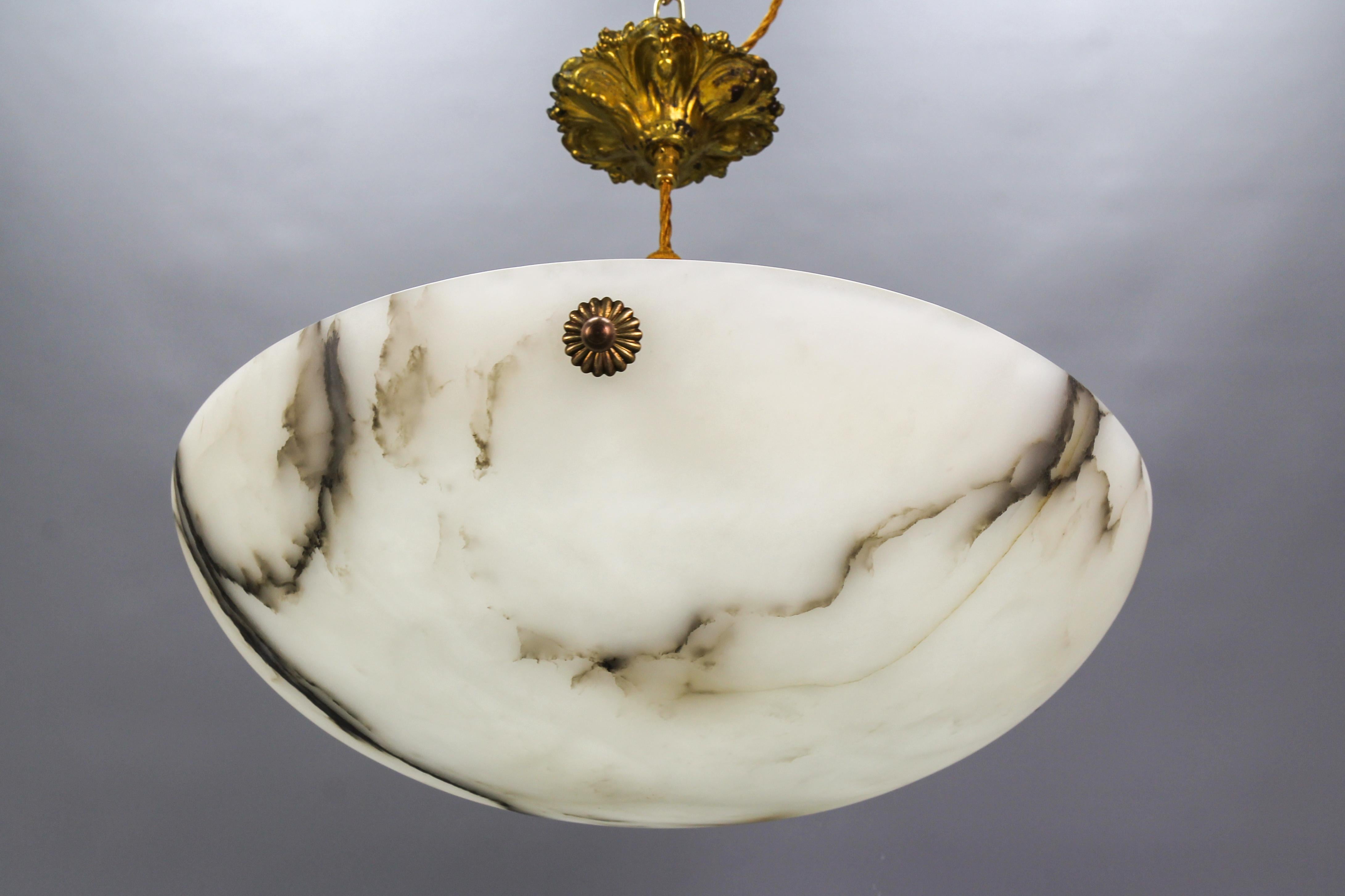 Early 20th Century French, White and Black Alabaster and Brass Pendant Light Fixture, 1920s