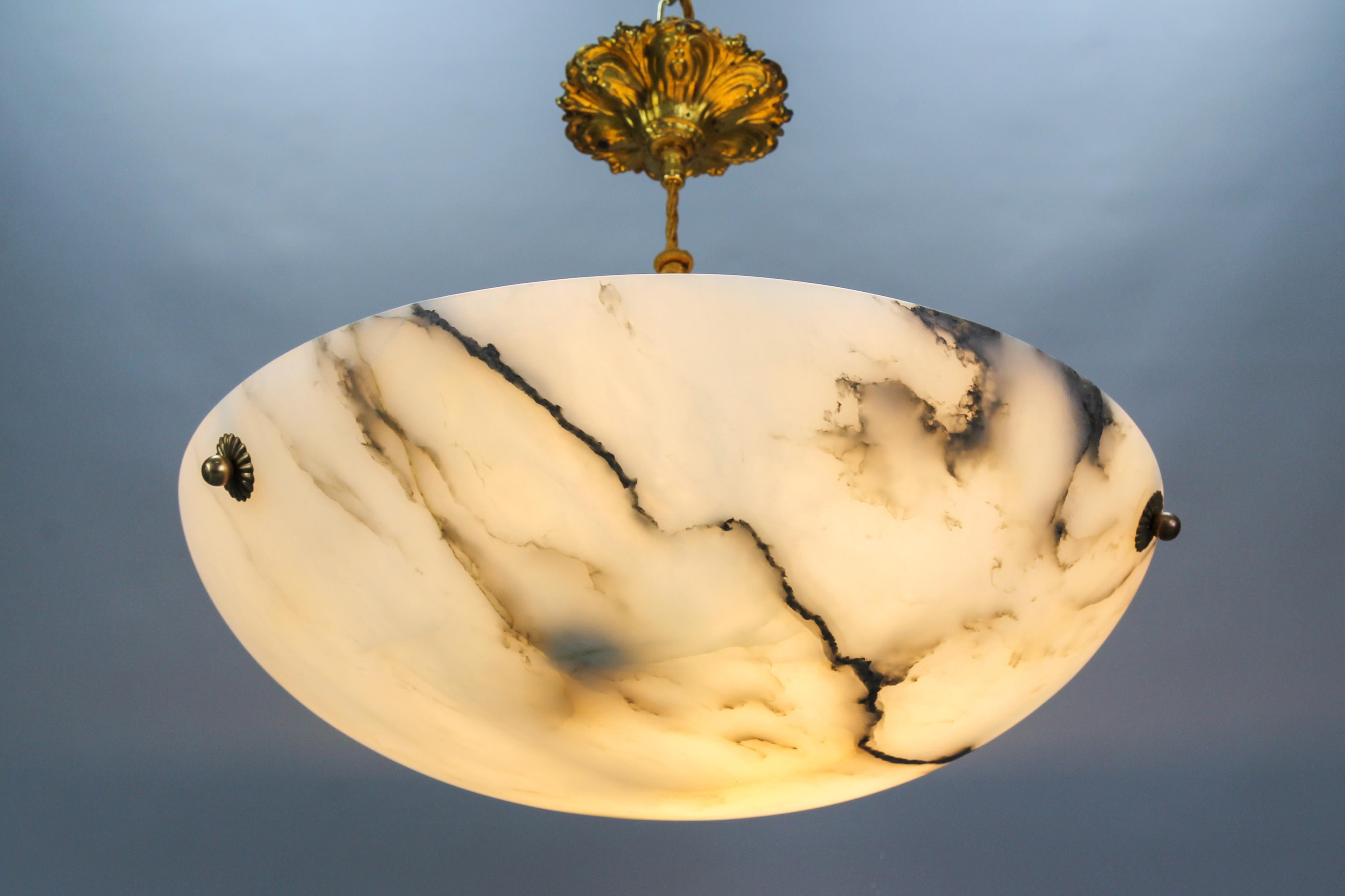 French, White and Black Alabaster and Brass Pendant Light Fixture, 1920s 2
