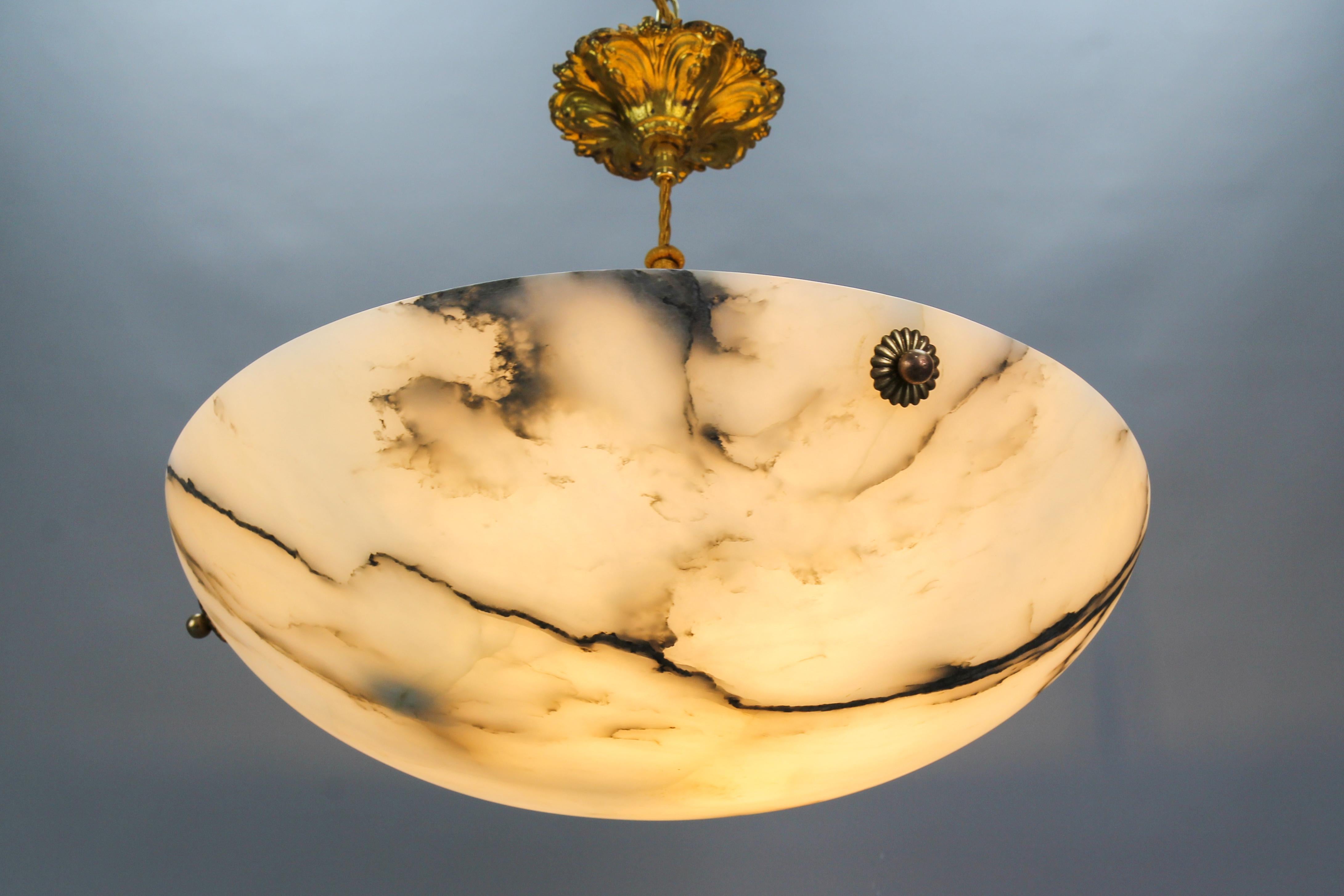 French, White and Black Alabaster and Brass Pendant Light Fixture, 1920s 3