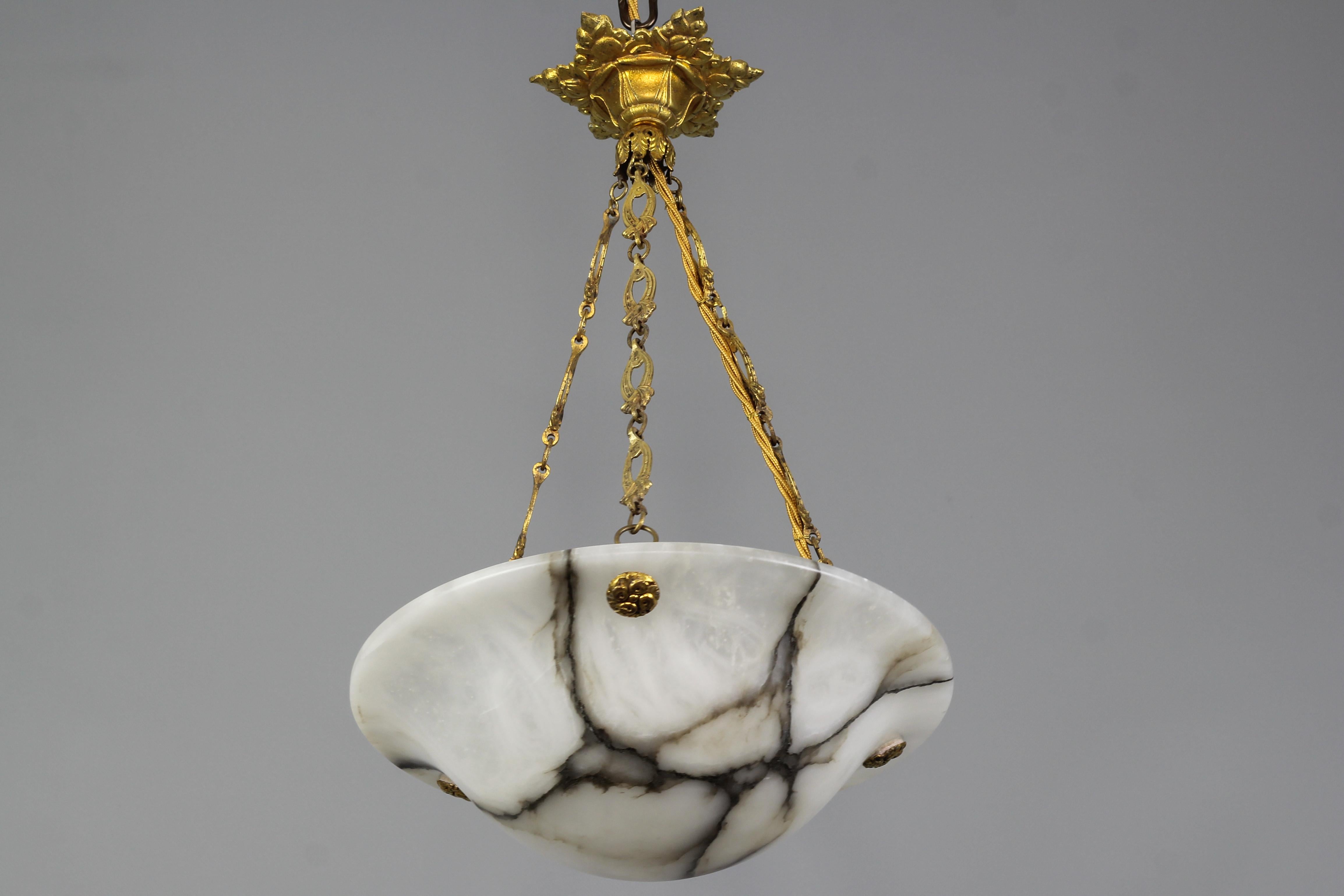 French White and Black Alabaster and Bronze Pendant Light Fixture, 1930s 4