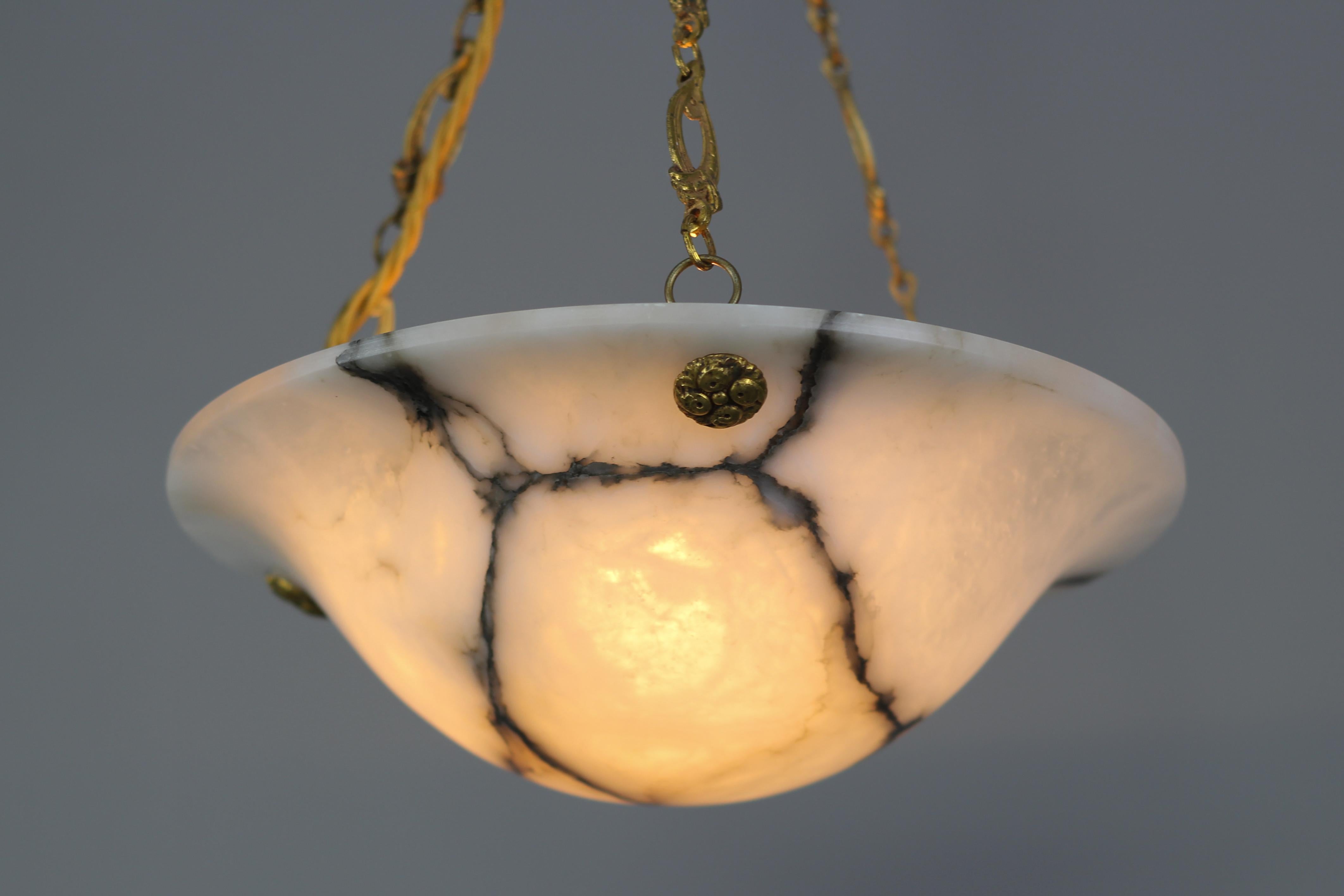 French White and Black Alabaster and Bronze Pendant Light Fixture, 1930s 7