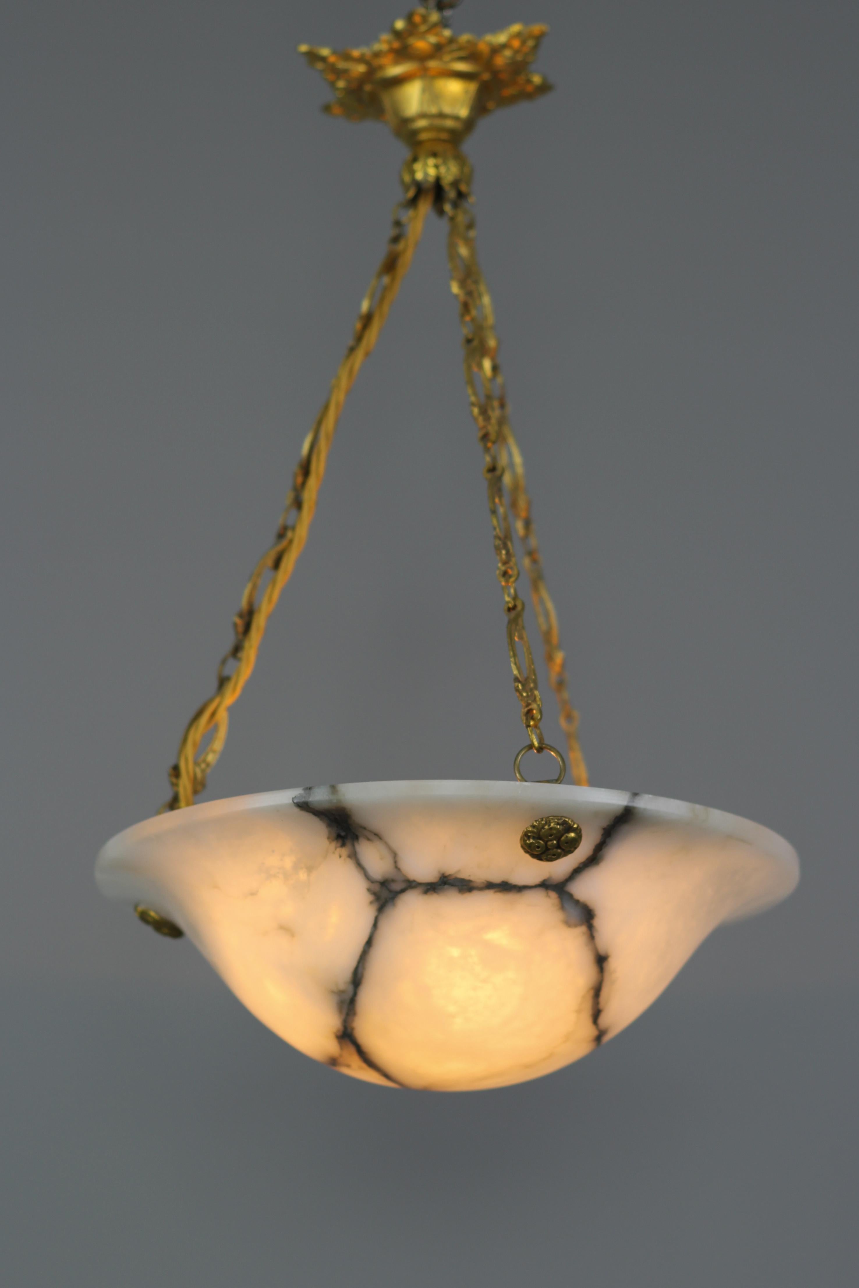 French White and Black Alabaster and Bronze Pendant Light Fixture, 1930s 8