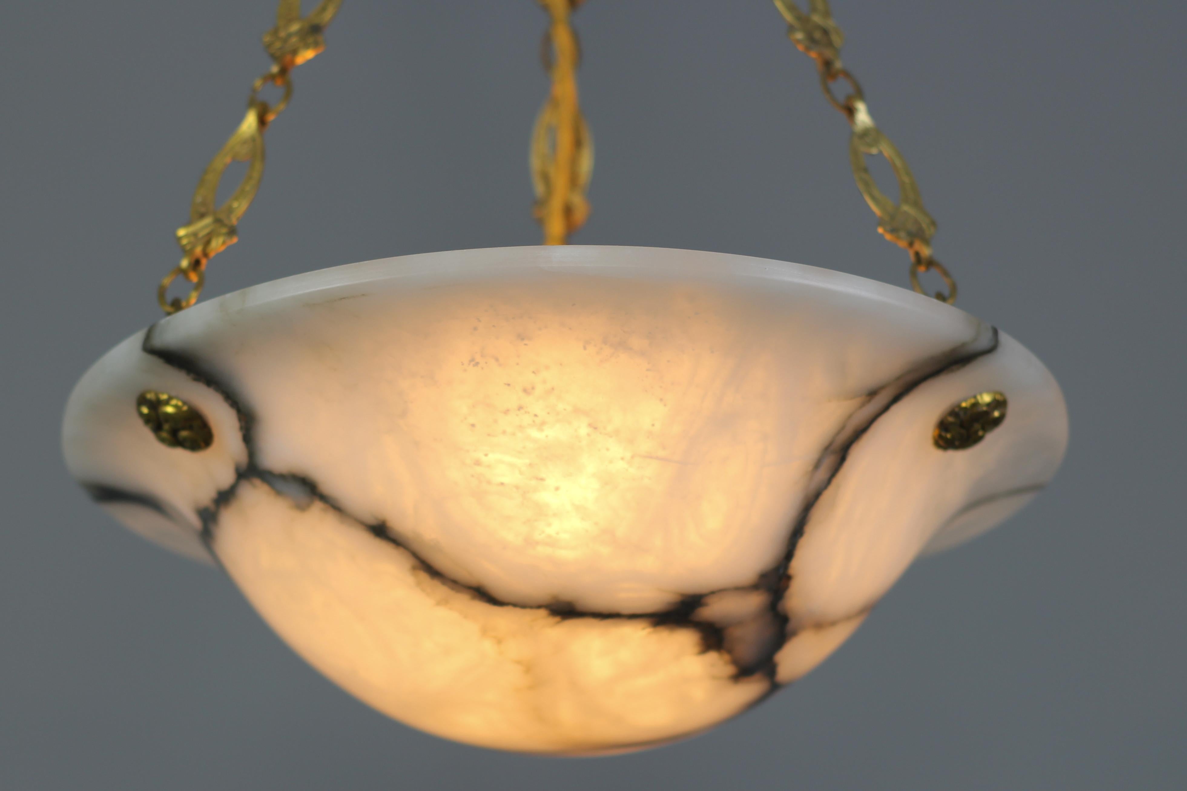 Art Deco French White and Black Alabaster and Bronze Pendant Light Fixture, 1930s