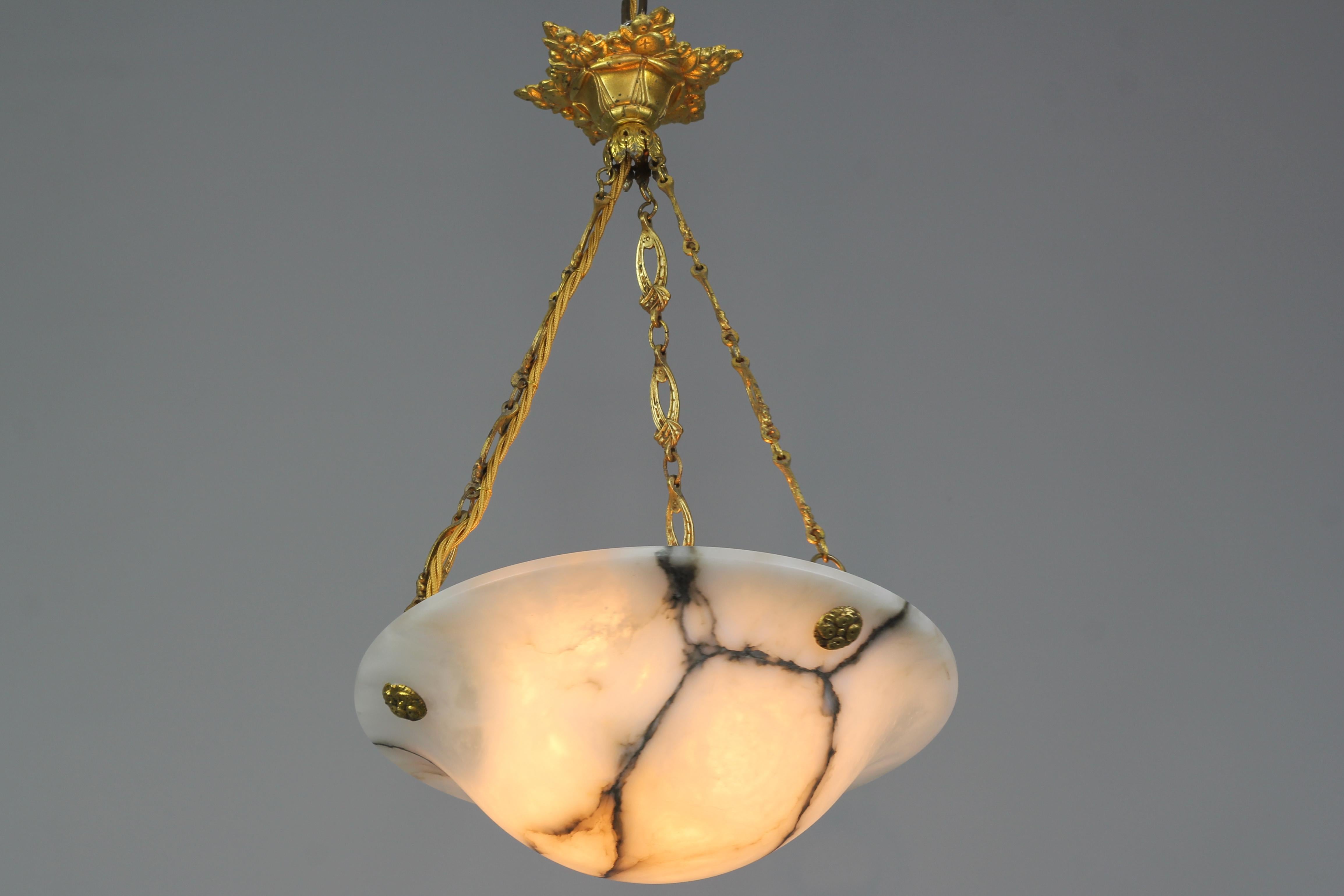 Brass French White and Black Alabaster and Bronze Pendant Light Fixture, 1930s