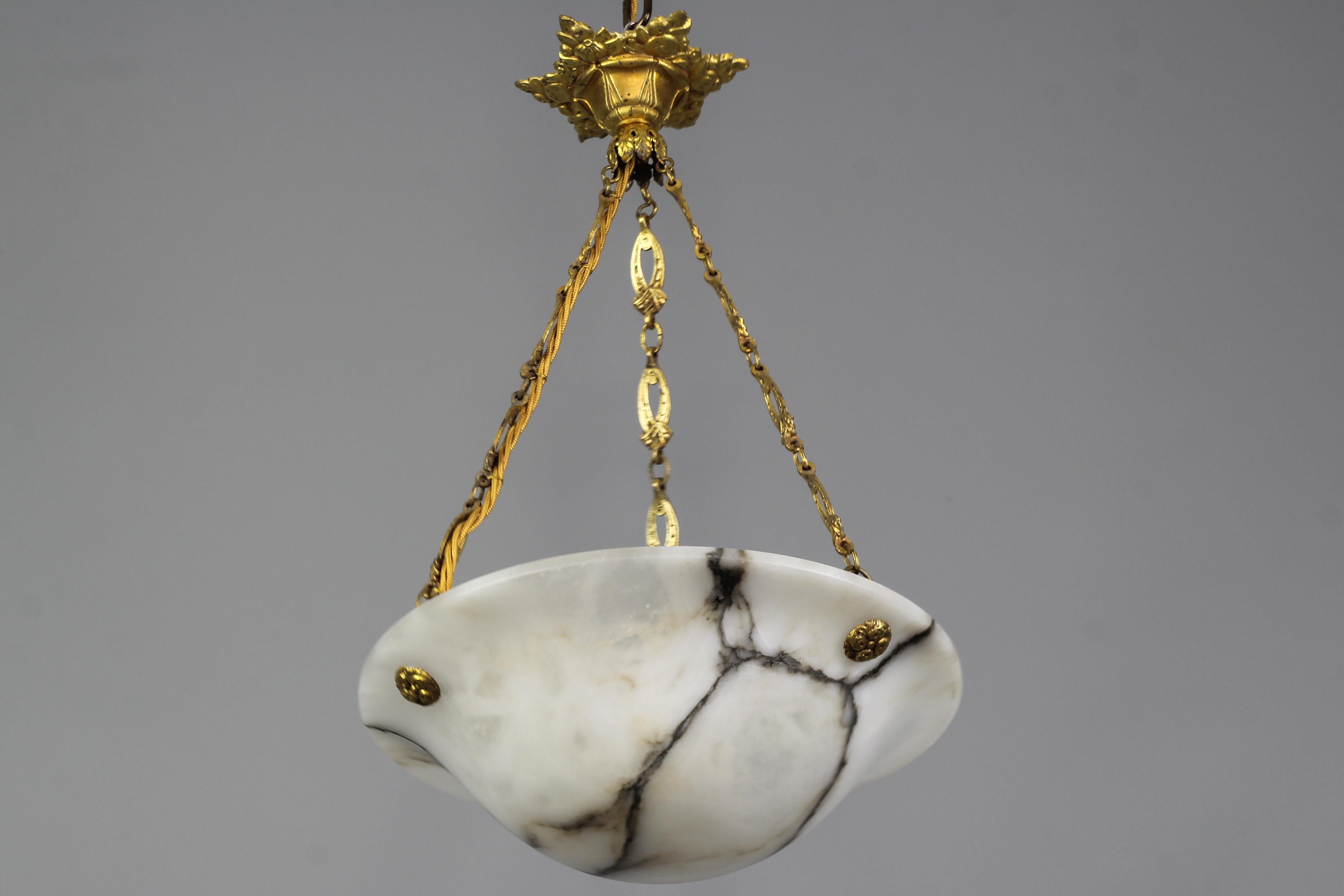 French White and Black Alabaster and Bronze Pendant Light Fixture, 1930s 1