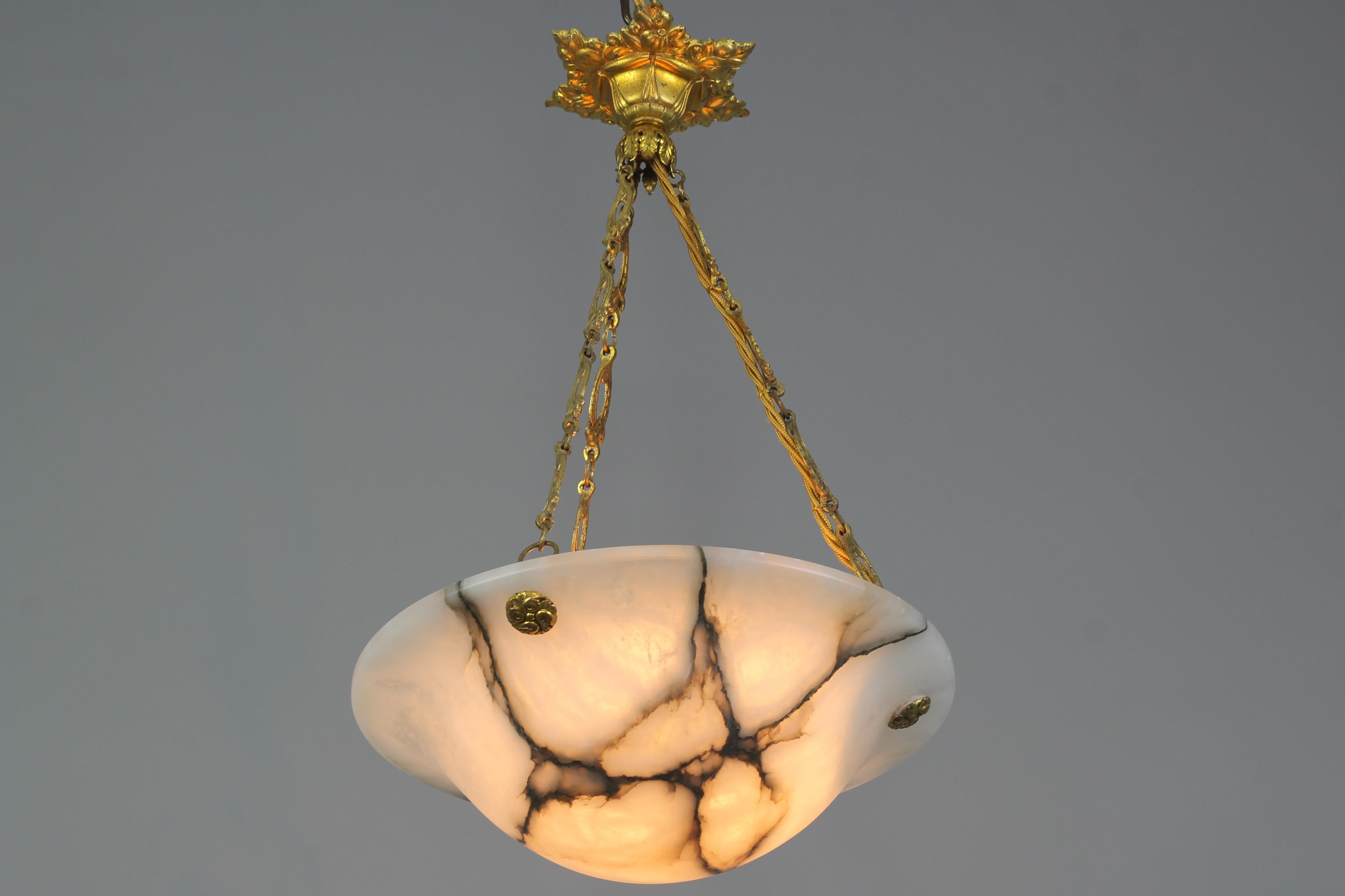 French White and Black Alabaster and Bronze Pendant Light Fixture, 1930s 3
