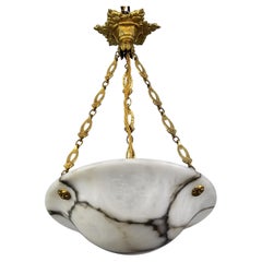 French White and Black Alabaster and Bronze Pendant Light Fixture, 1930s
