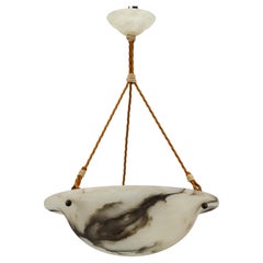 French White and Black Alabaster Three-Light Pendant Light Fixture, 1920s